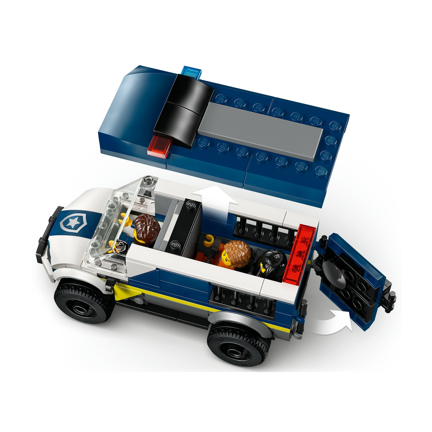 Un furgone della polizia Lego con tre minifigure all'interno. Il tetto è aperto, rivelando l'interno. La porta è aperta.