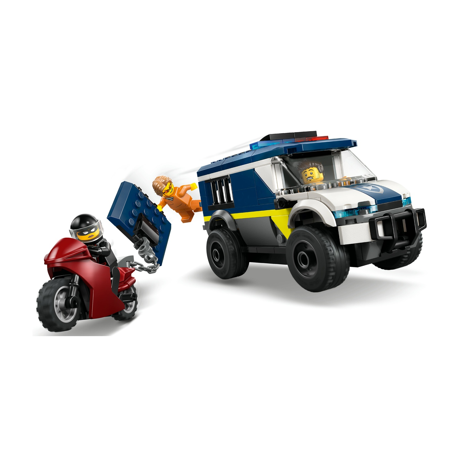 Una scena di inseguimento della polizia Lego con una moto rossa che insegue un prigioniero in fuga da un furgone della polizia blu e bianco.
