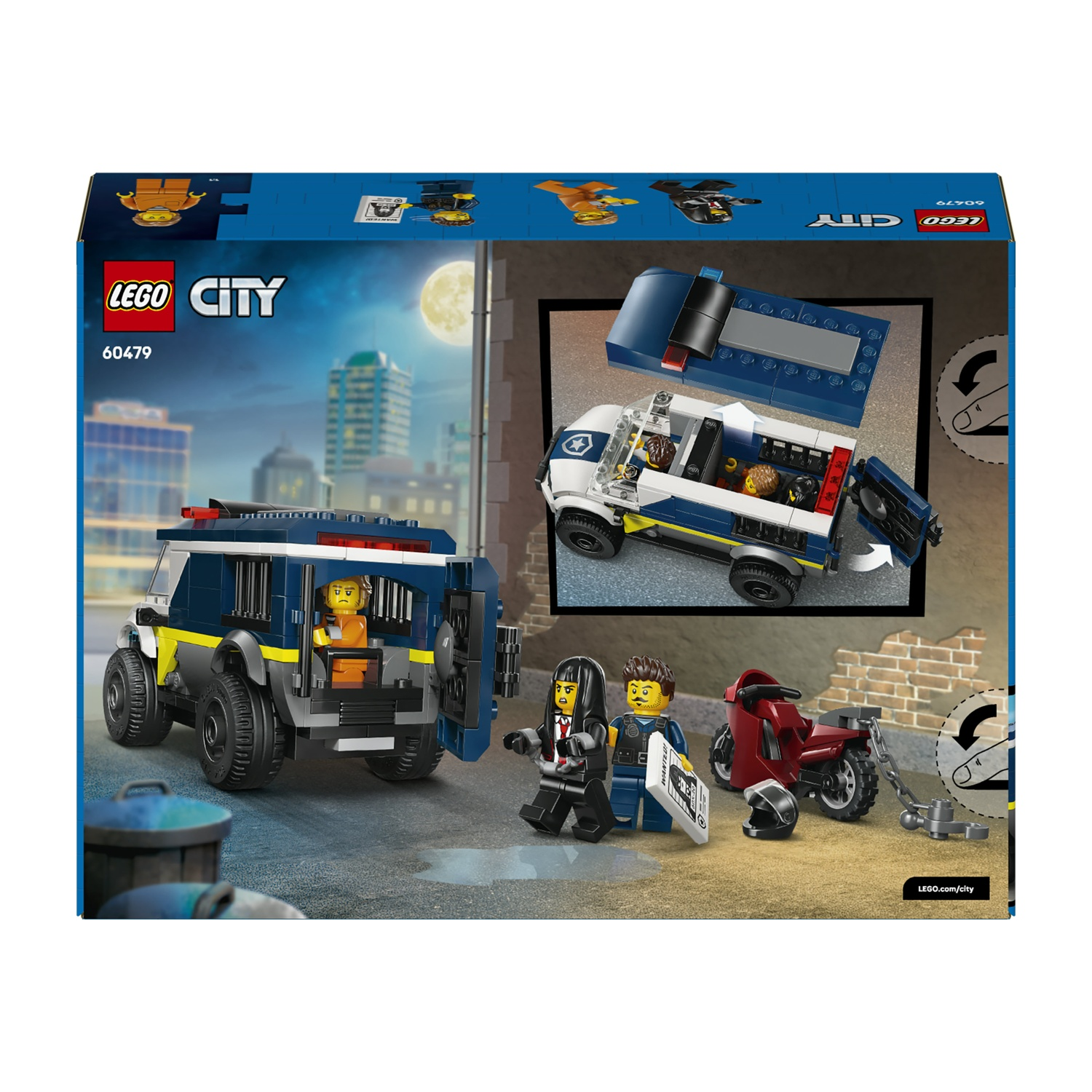 Set Lego City. Un furgone della polizia con un prigioniero, figure di poliziotti e criminali, una moto rossa e un'auto della polizia.