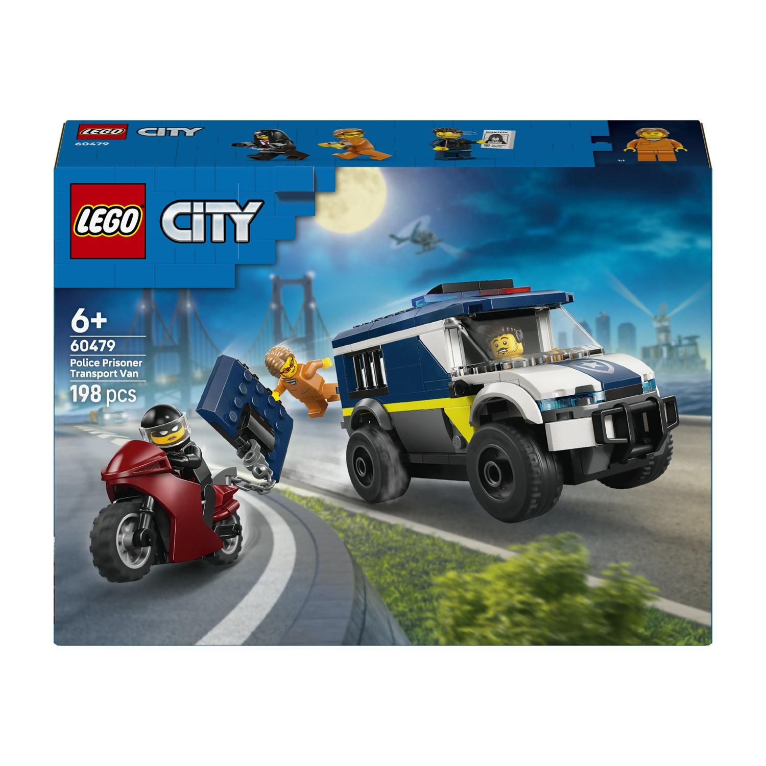 Set Lego City. Un furgone della polizia insegue una moto rossa. Un prigioniero sta scappando. Lo sfondo mostra una scena notturna con una luna e un ponte.