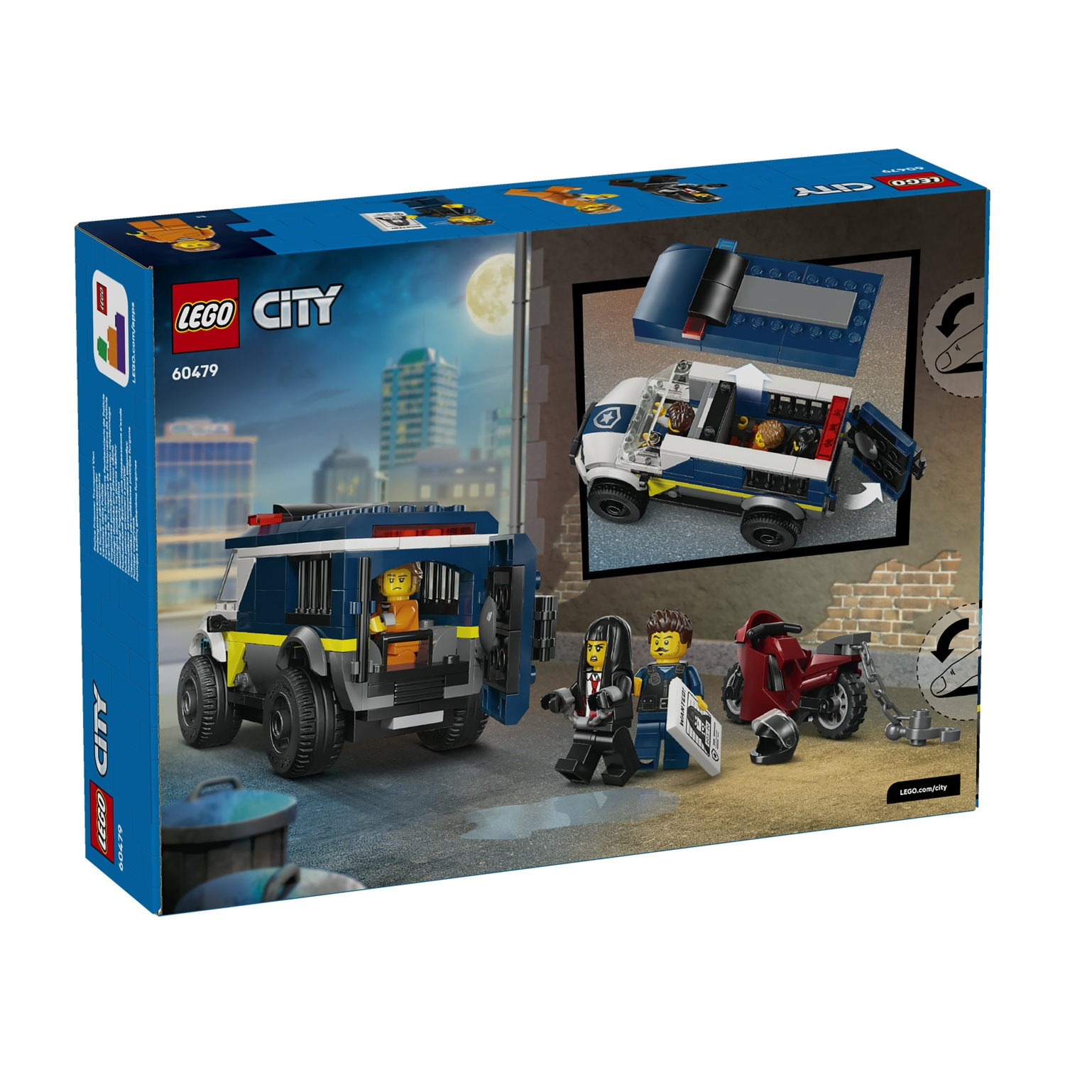 Set Lego City. Mostra un furgone della polizia con un prigioniero, due figure, una moto e un'auto della polizia in un ambiente urbano notturno.