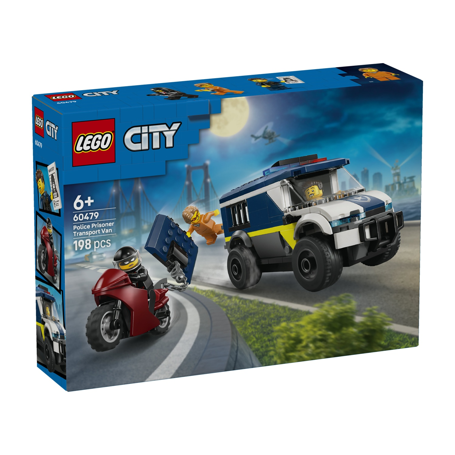 Scatola Lego City. Un prigioniero fugge da un furgone della polizia inseguito da una moto. La scena si svolge di notte.