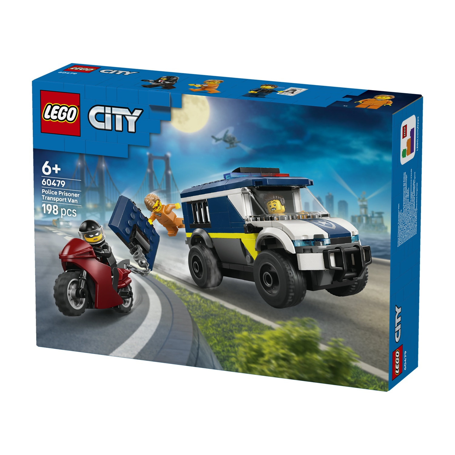 Scatola del set Lego City. Include un furgone della polizia, una moto rossa e minifigure di poliziotti e criminali. Lo sfondo mostra un ponte.