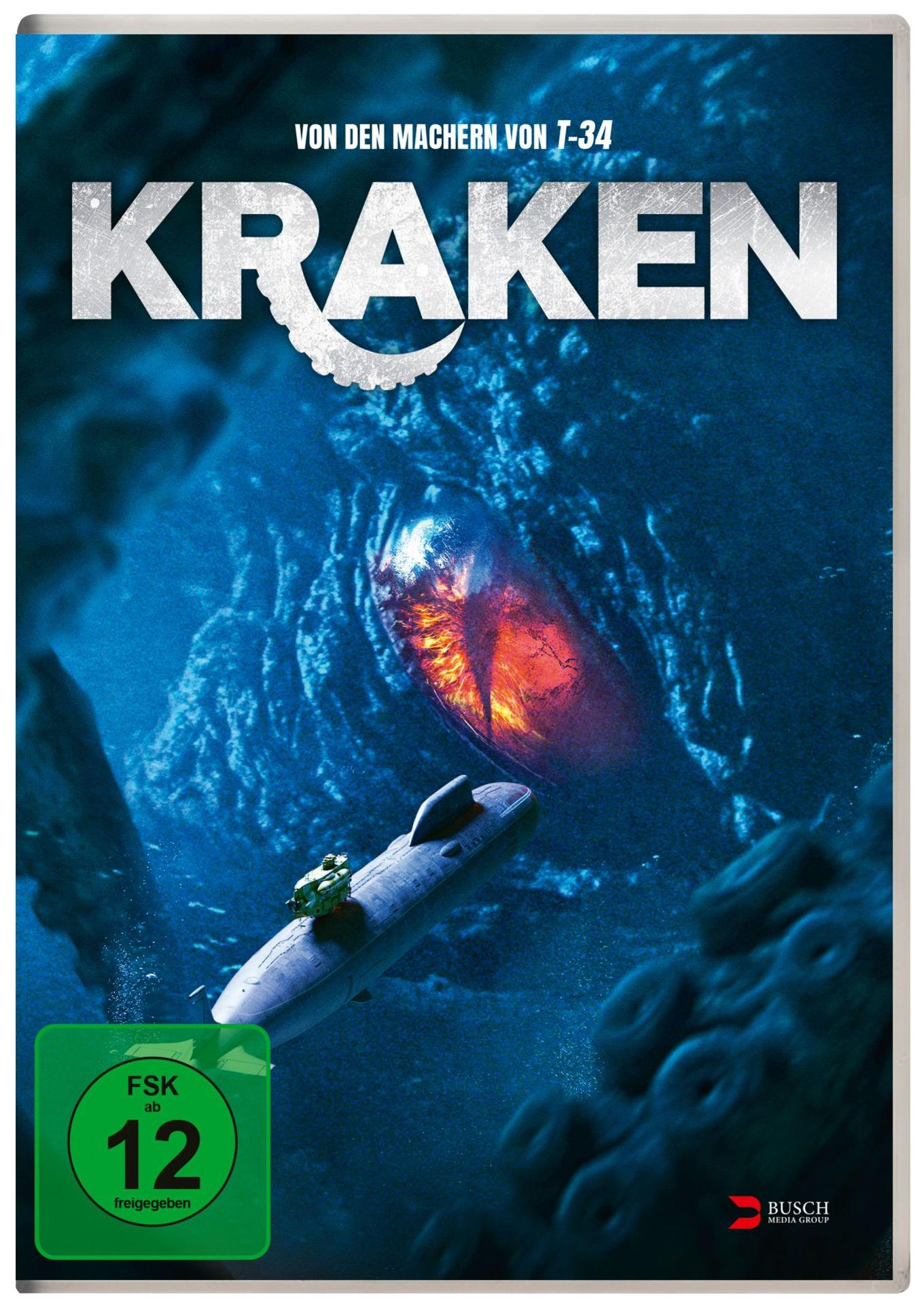 Ein Filmcover mit dem Titel "KRAKEN". Ein U-Boot und ein riesiges Auge sind in einem tiefblauen Ozean zu sehen. Unten ist ein Rating-Logo.