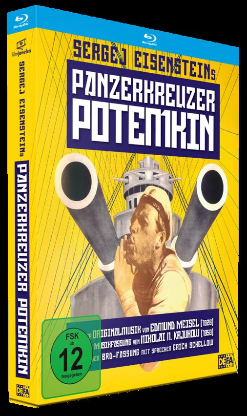 Blu-ray-Box-Art für 'Panzerkreuzer Potemkin'. Zeigt einen Mann, Kanonen und Text auf gelbem Hintergrund. Blu-ray-Logo in der oberen Ecke.