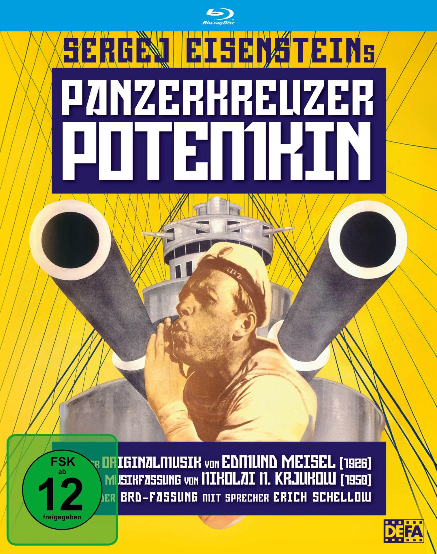 Blu-ray-Cover für den Film 'Panzerkreuzer Potemkin'. Zeigt einen Mann, Schiffskanonen und Text auf Deutsch.