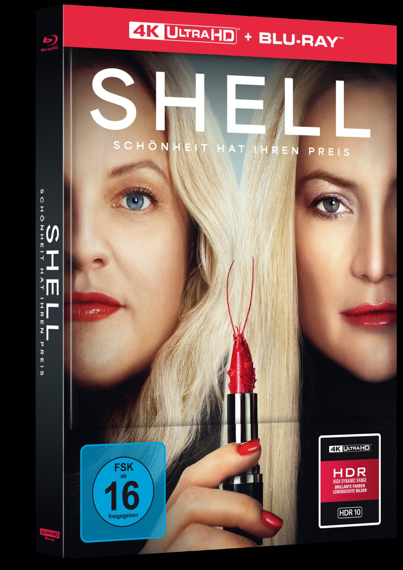 DVD-Cover von 'Shell'. Gesichter von zwei Frauen, Hummer-Lippenstift und ein blaues Bewertungssiegel sind sichtbar. 4K Ultra HD und Blu-ray.