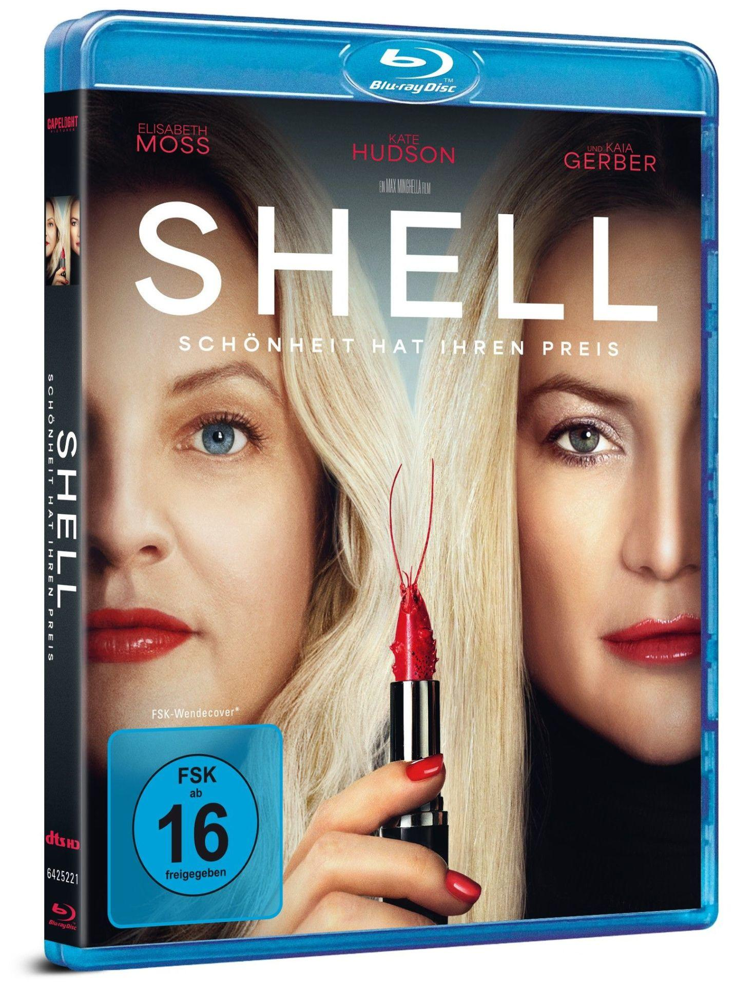 Blu-ray-Cover: Frauengesichter, Titel 'SHELL', Lippenstift und Altersfreigabe 16. Enthält Schauspielernamen. Blaue Hülle.