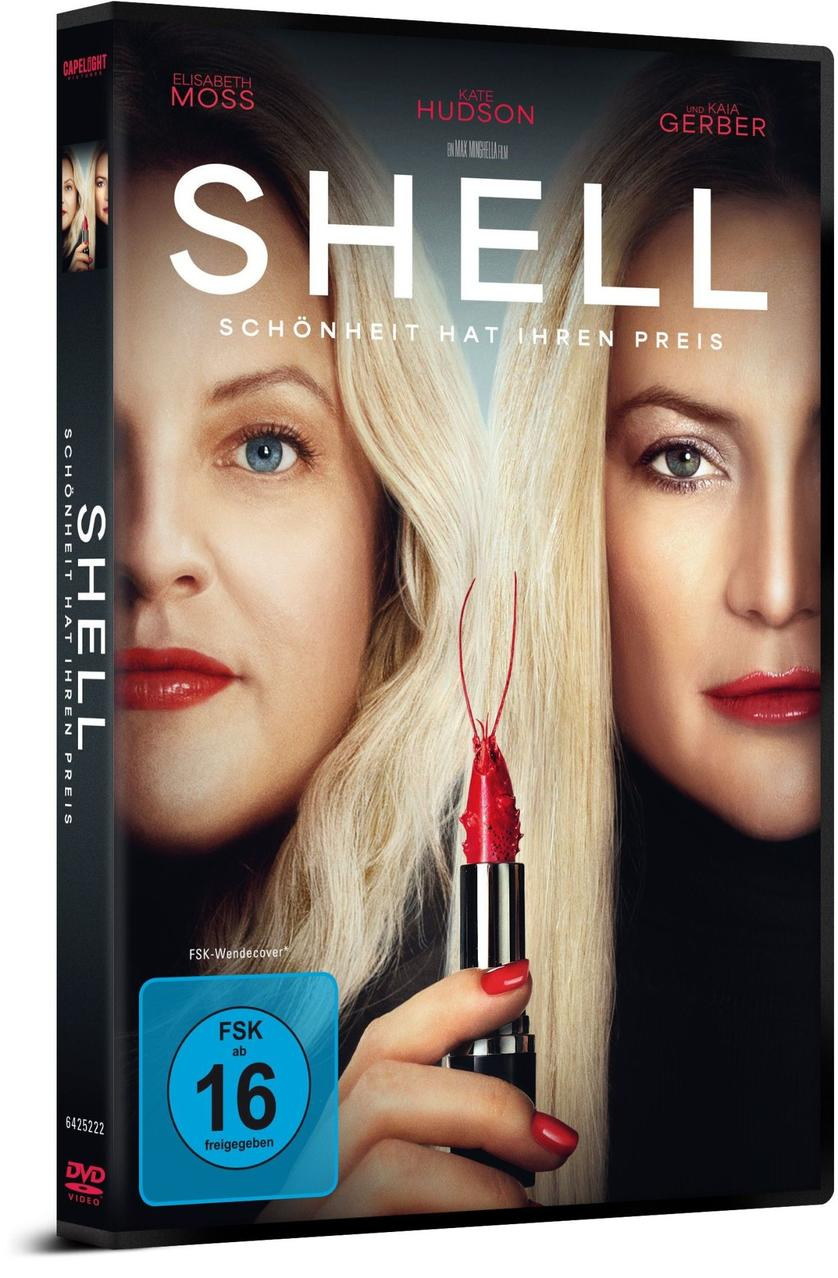 DVD-Cover für 'Shell'. Gesichter von Elisabeth Moss, Kate Hudson und Kaia Gerber. Lippenstift mit rotem Hummer. Deutscher Text.
