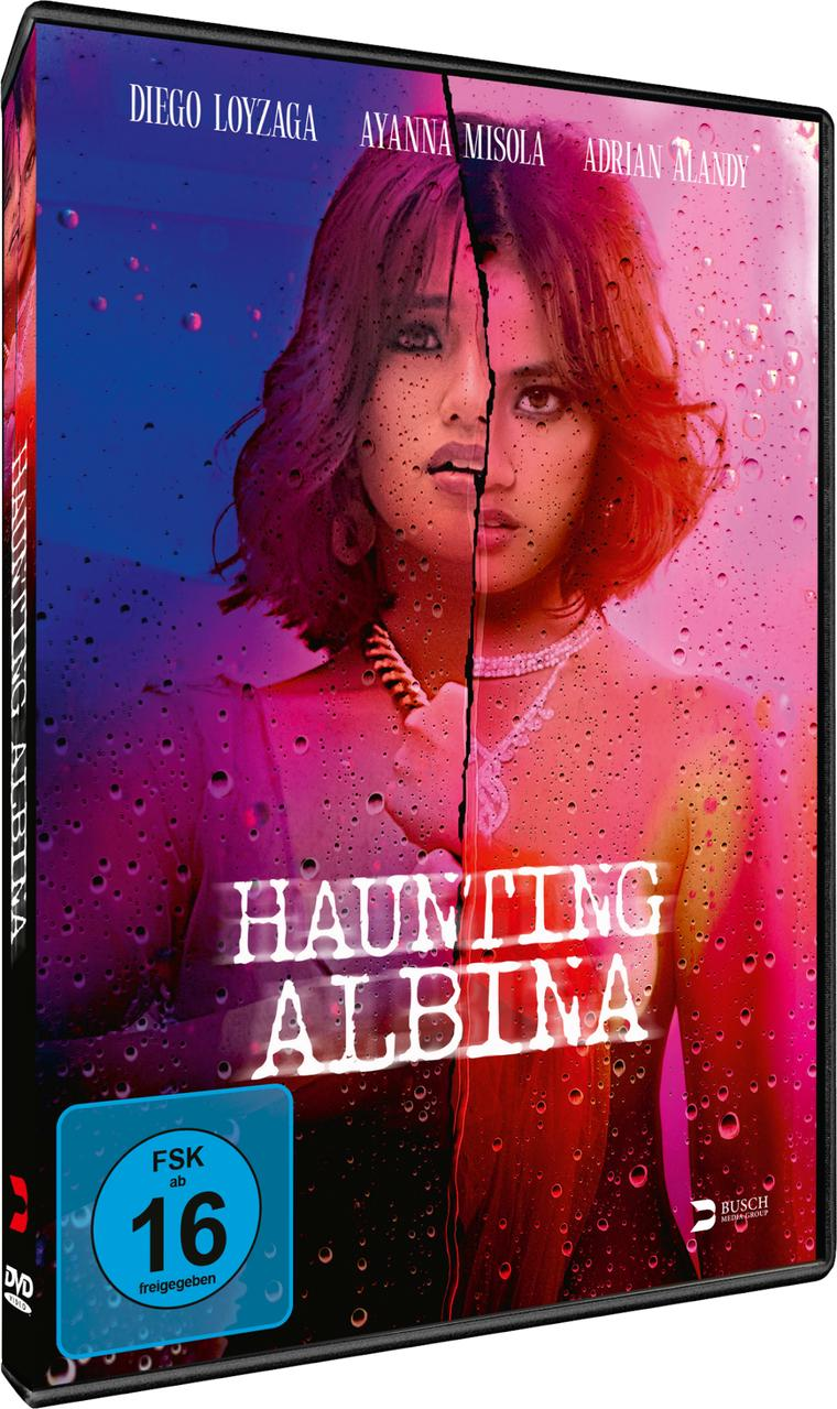 DVD-Cover. Das Gesicht einer Frau ist geteilt, mit dem Titel 'Haunting Albina'. Namen der Schauspieler stehen oben.