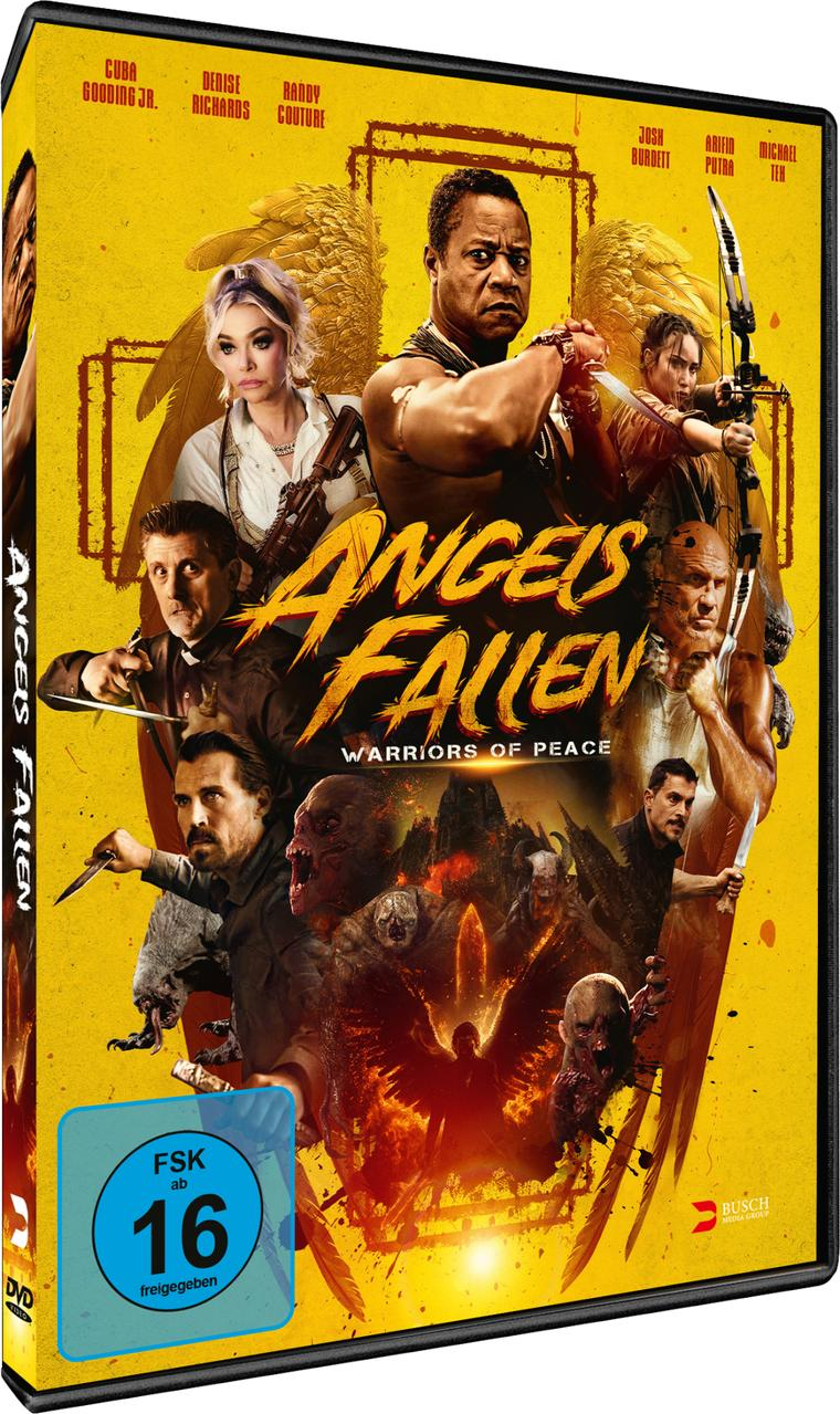 DVD-Cover für 'Angels Fallen'. Zeigt Schauspieler, Engel und Dämonen. Gelber Hintergrund mit einem Feuerstoß unten.