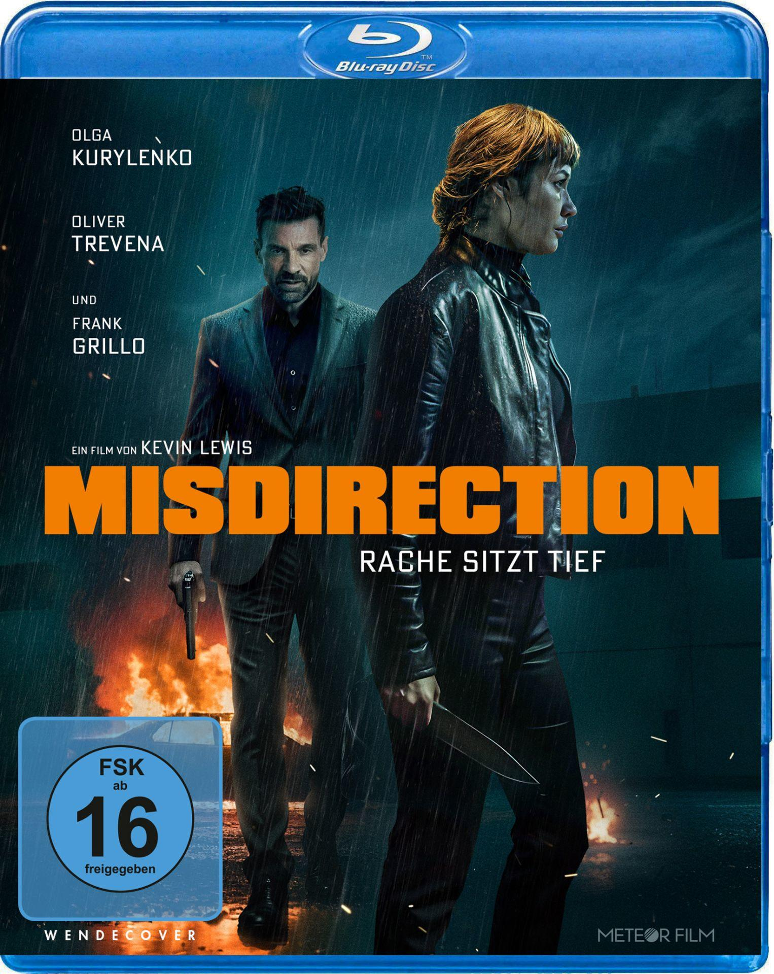 Blu-ray-Cover für Misdirection. Ein Mann mit einer Pistole und eine Frau mit einem Messer stehen im Regen. Titel: MISDIRECTION.
