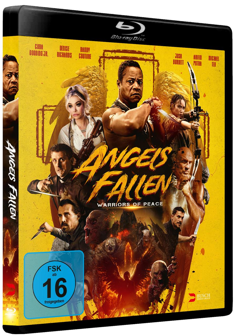 Blu-ray-Cover für Angels Fallen. Mit Schauspielern, Engelsflügeln und Kriegern. Enthält die FSK 16-Bewertung.