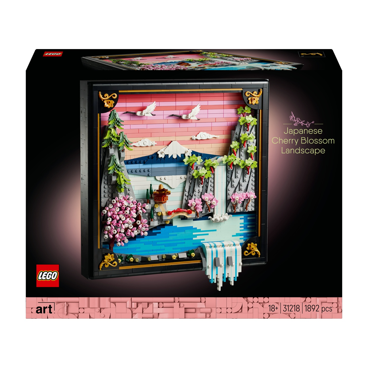 Set Lego raffigurante un paesaggio giapponese con fiori di ciliegio. Contiene una cascata, uccelli, montagne e alberi di ciliegio. È un'opera d'arte incorniciata.