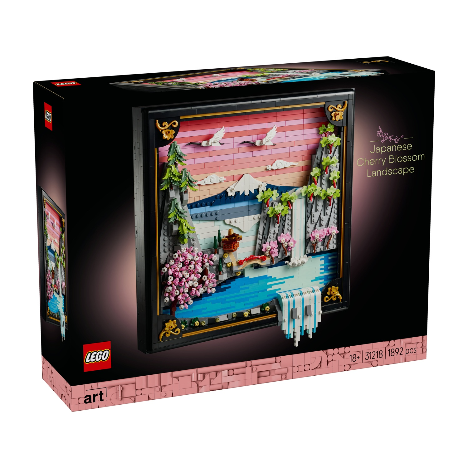 Set Lego raffigurante un paesaggio giapponese con fiori di ciliegio. Il set comprende una montagna, una cascata, fiori di ciliegio e uccelli in volo.