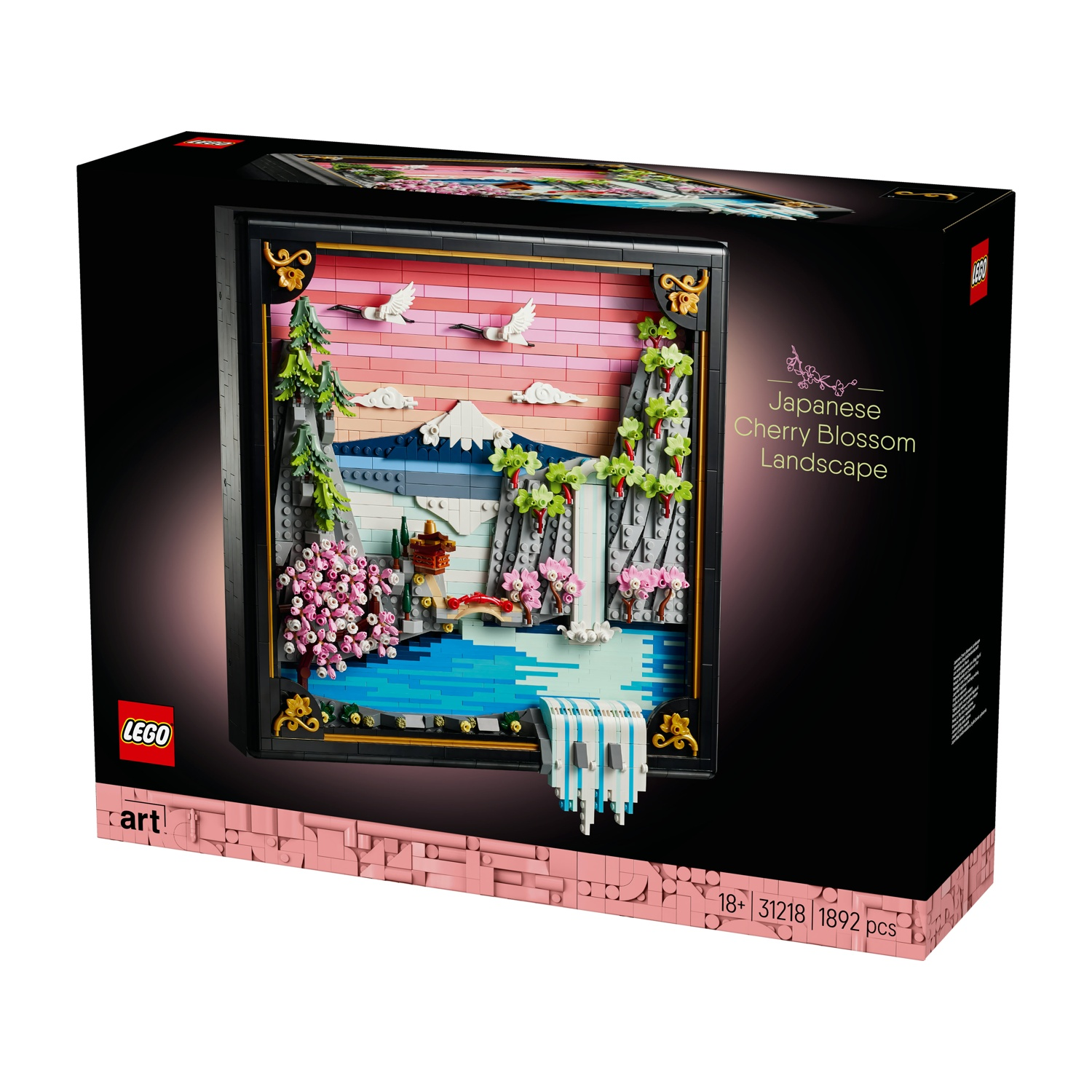 Scatola del set Lego Art. Paesaggio giapponese dei fiori di ciliegio. La scena presenta un lago, una cascata, una montagna, alberi e uccelli.