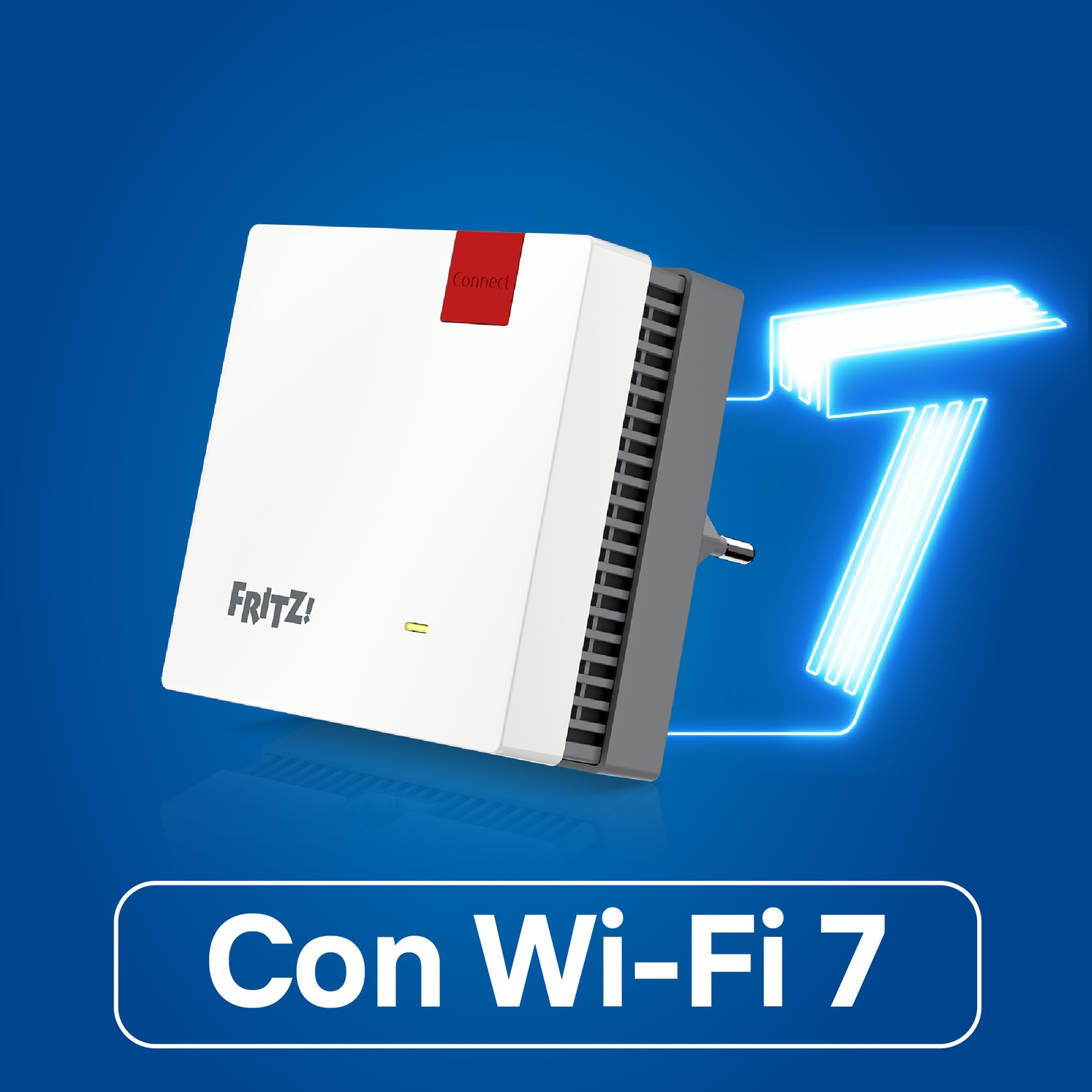 Un router Wi-Fi bianco con pulsante rosso 'Connect', logo 'Fritz!' e testo blu 'Con Wi-Fi 7' su sfondo blu.