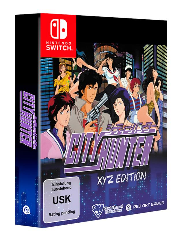 Nintendo Switch-Spielbox für City Hunter, mit Anime-Charakteren und japanischem Text. Enthält die USK-Bewertung und den Spieletitel.