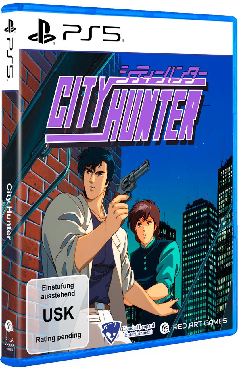 PS5 City Hunter Spielcover. Ein Mann zielt mit einer Waffe. Eine andere Person schaut zu. Gebäude sind im Hintergrund.
