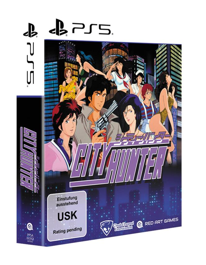 City Hunter PS5-Spielbox. Artwork im Anime-Stil mit mehreren Charakteren, ein Mann hält eine Pistole, und Stadtlandschaft im Hintergrund.