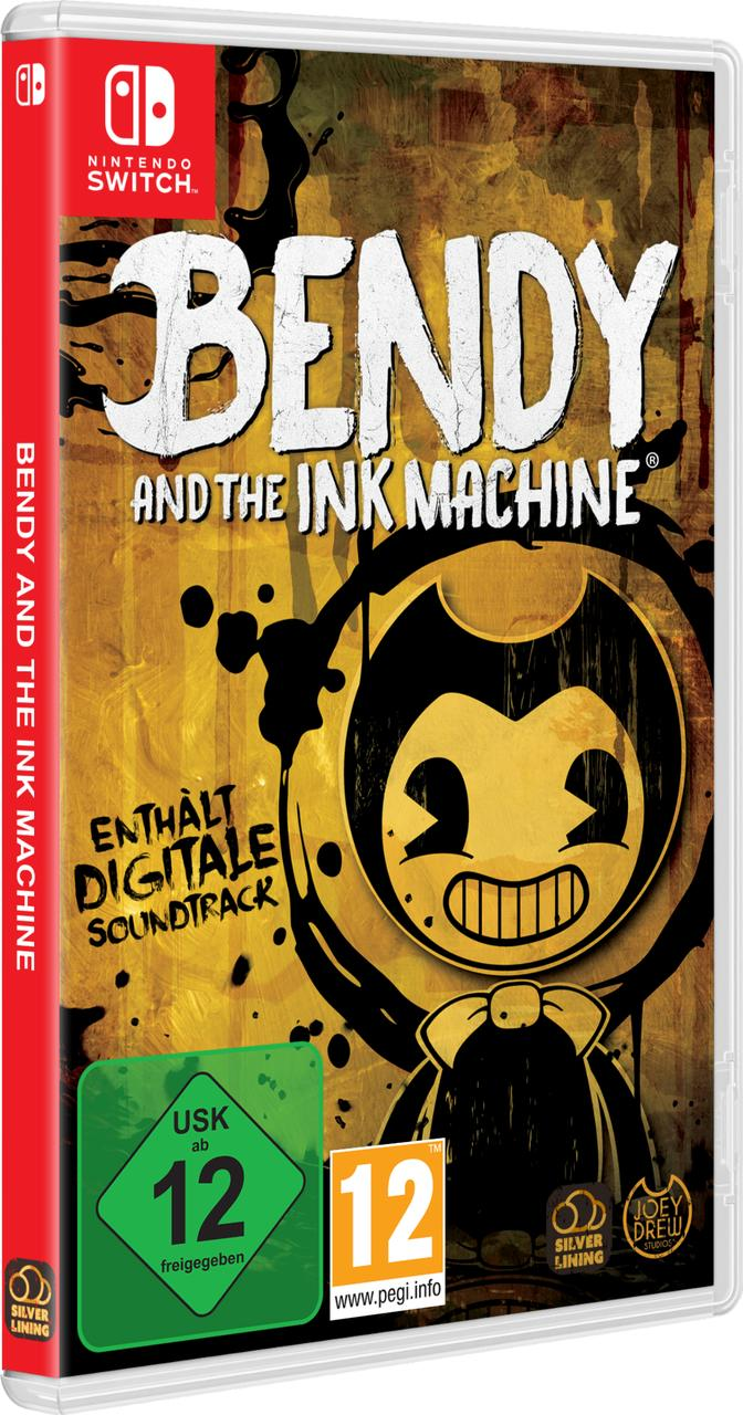 Die Nintendo Switch-Spielhülle für 'Bendy and the Ink Machine' zeigt die Figur Bendy, Tintenspritzer und eine Altersfreigabe.