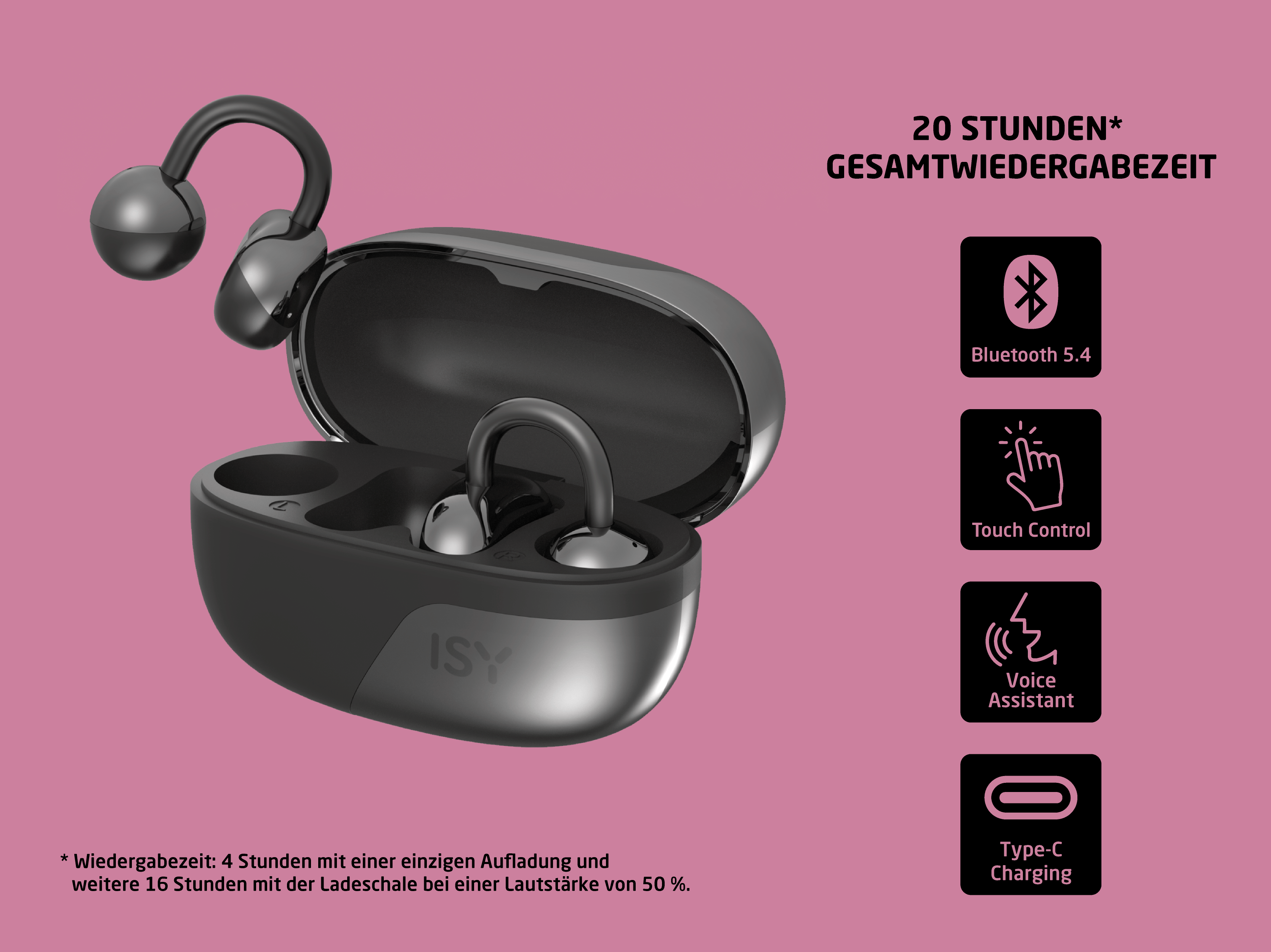 Schwarze Ohrhörer in einer Ladebox, Info-Icons auf pinkem Hintergrund. Merkmale: Bluetooth 5.4, Touch-Control, Sprachassistent, USB-C.