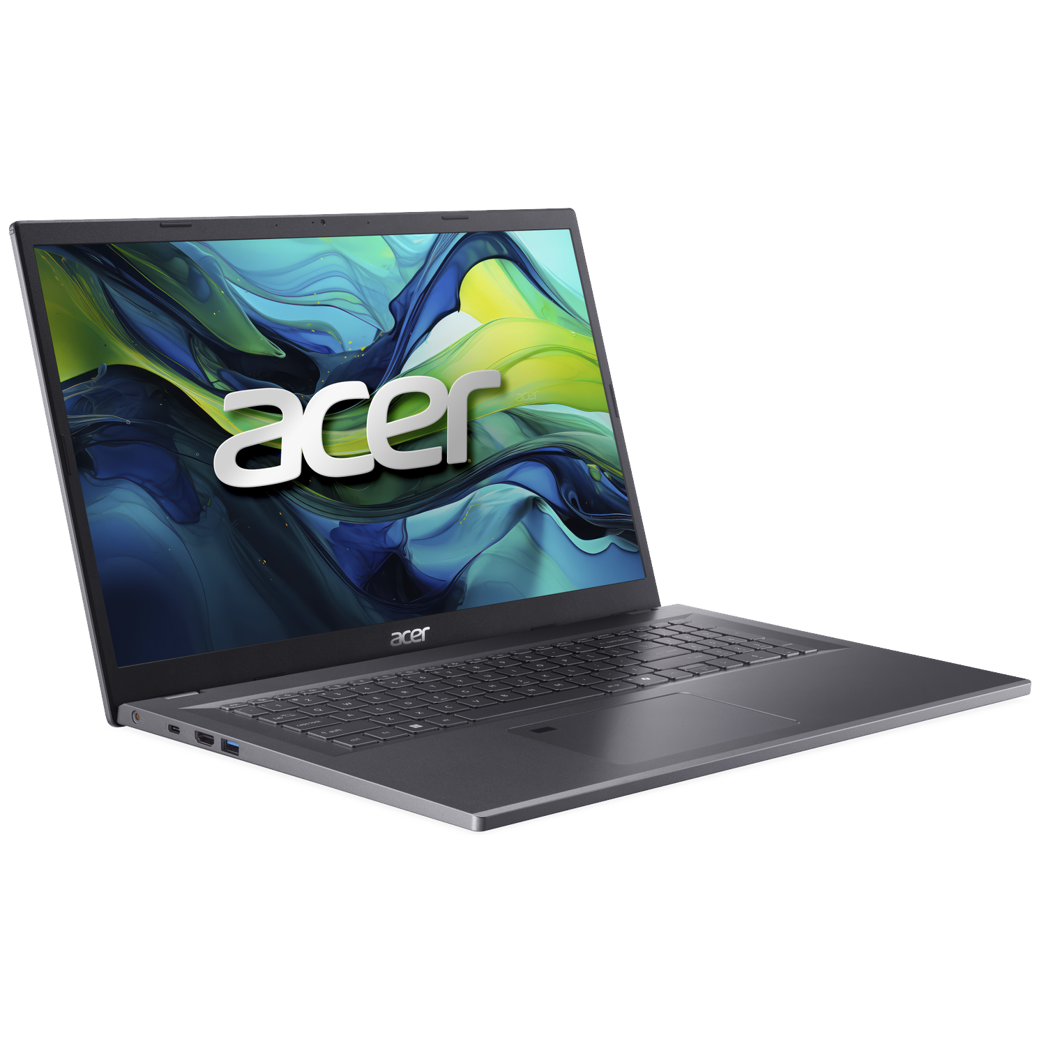 Acer laptop, open and angled. Screen displays a colorful abstract image. Keyboard and trackpad visible. Set against a white background.