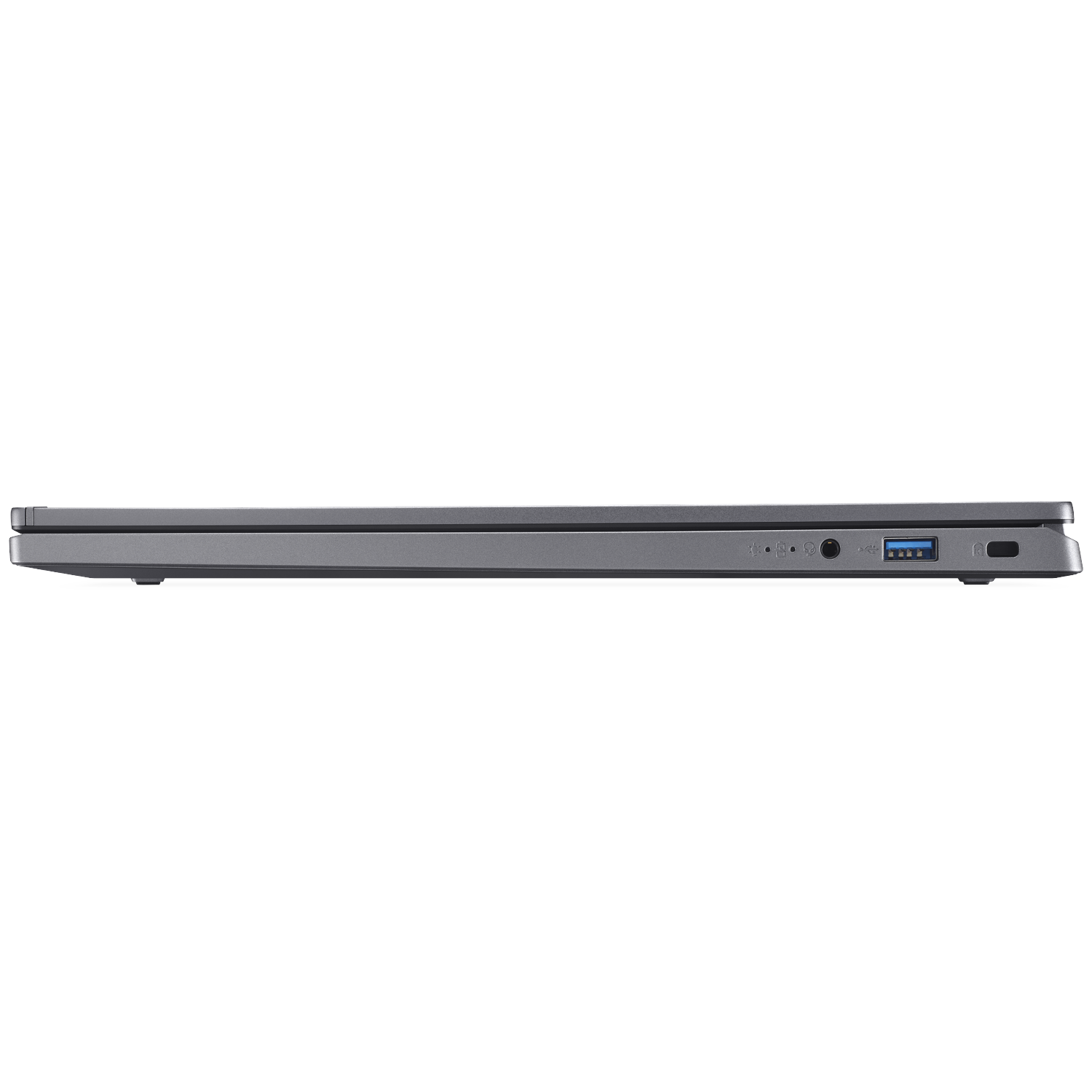Side view of a gray laptop, showing ports: USB, headphone jack, power, and a charging port. The background is white.