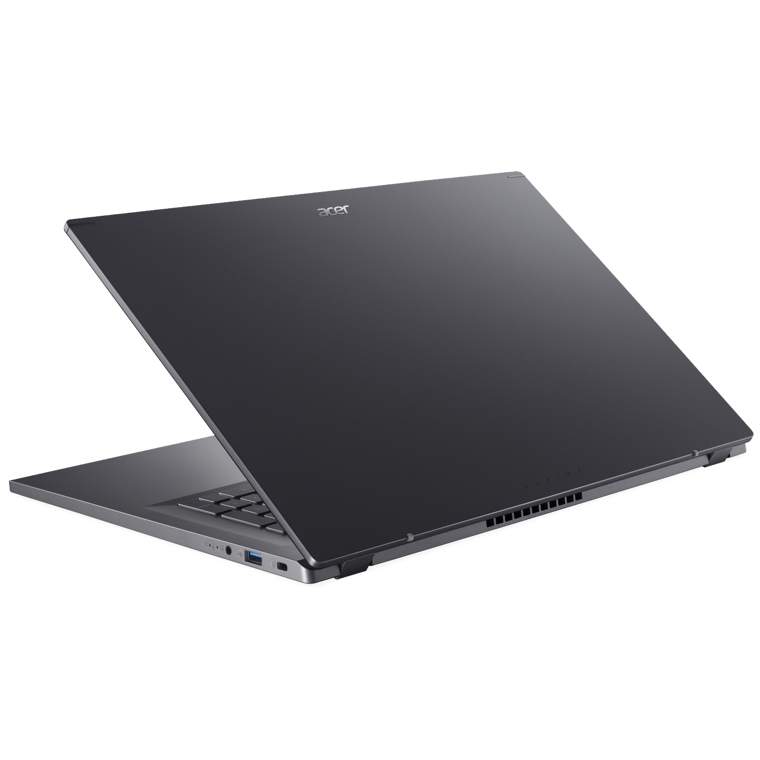 A dark gray Acer laptop is open, showing the keyboard. The screen is tilted back. The laptop is on a white background.