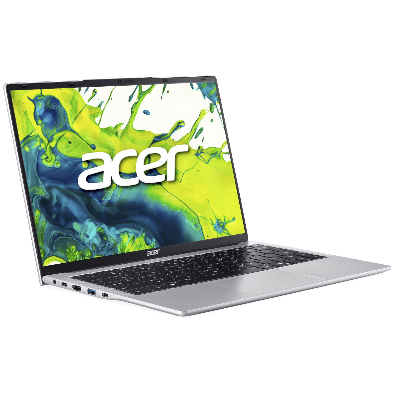 Silver Acer laptop with screen showing abstract art in green and blue. Keyboard visible. White background.