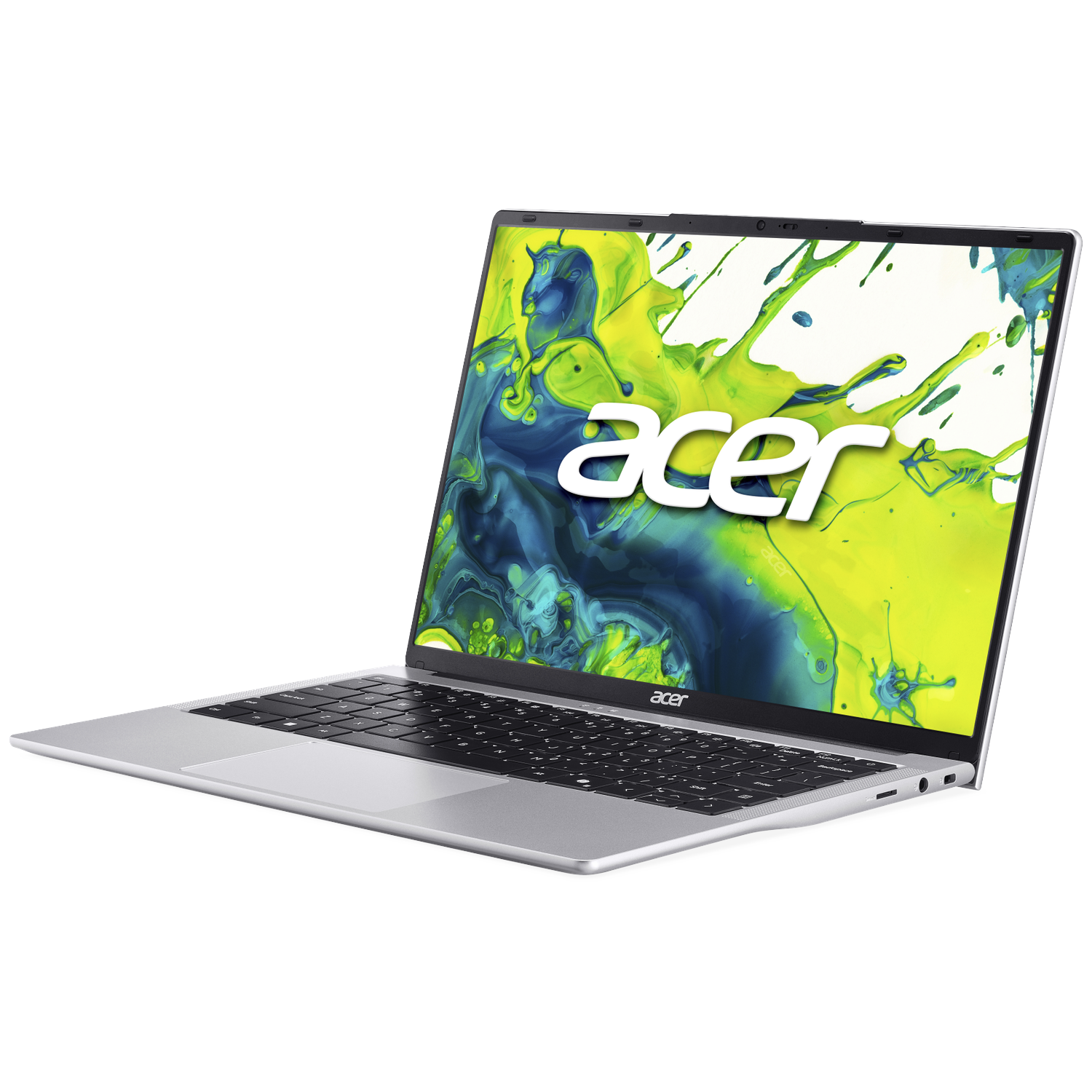 Silver Acer laptop with the screen displaying a colorful abstract design and the Acer logo. Keyboard visible. Set against a white background.