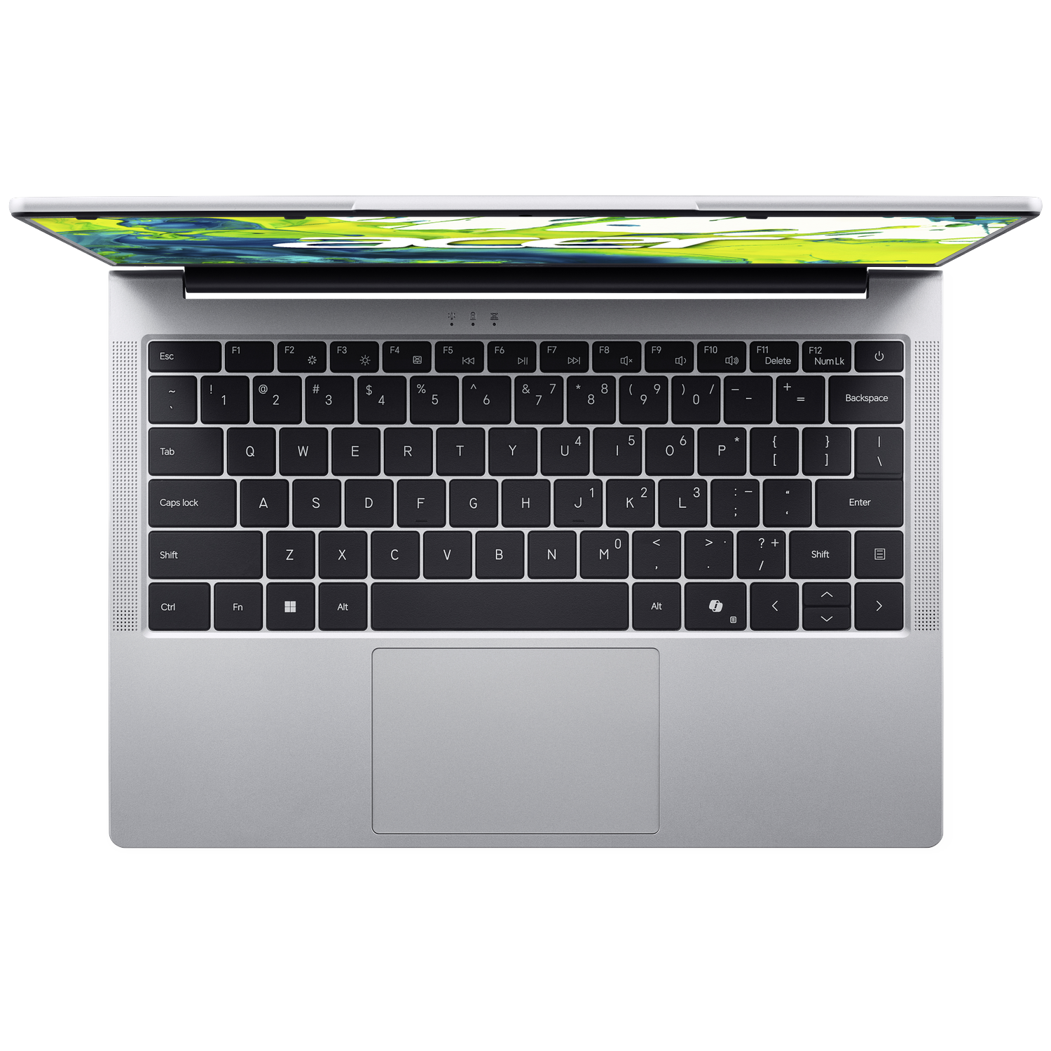 Silver laptop, open, showing keyboard and screen. The screen displays a colorful abstract image.