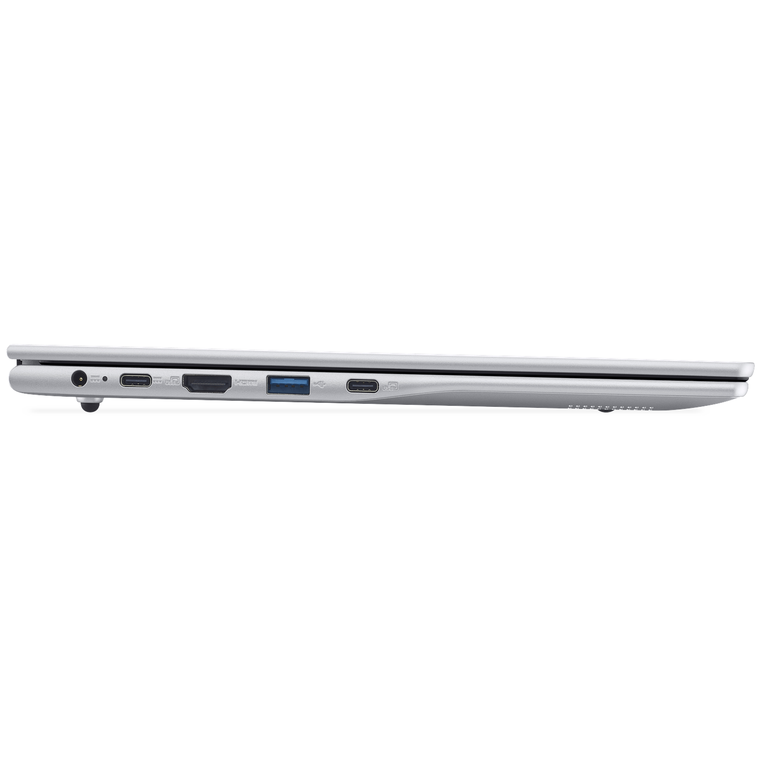 Side view of a silver laptop. Ports include power, USB, HDMI, and USB-C. The laptop is closed and rests on a white surface.