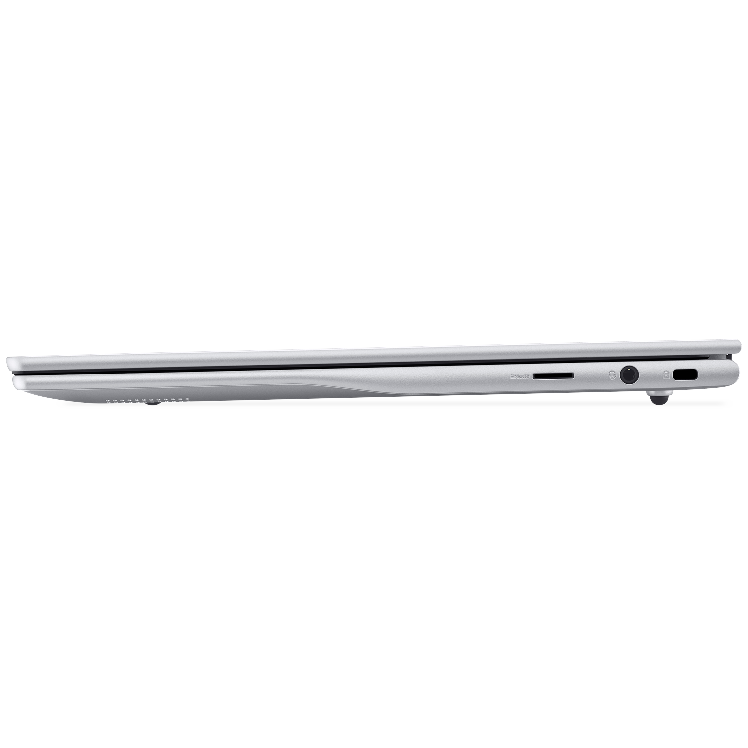 Side view of a silver laptop. Visible ports include a MicroSD slot, a headphone jack, and a USB port. The background is white.