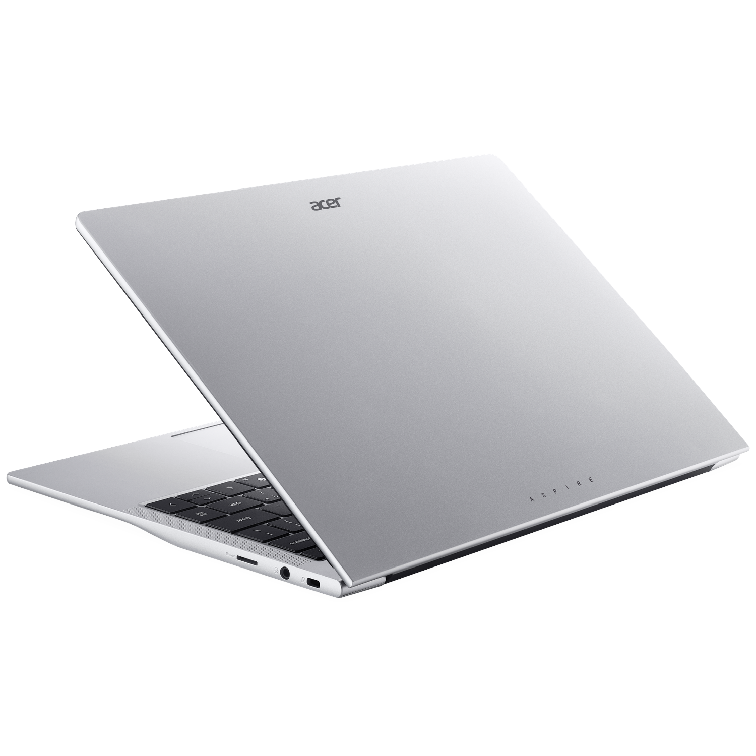 Silver Acer laptop slightly open, showing keyboard. The lid has the Acer logo and 'Aspire' text. White background.