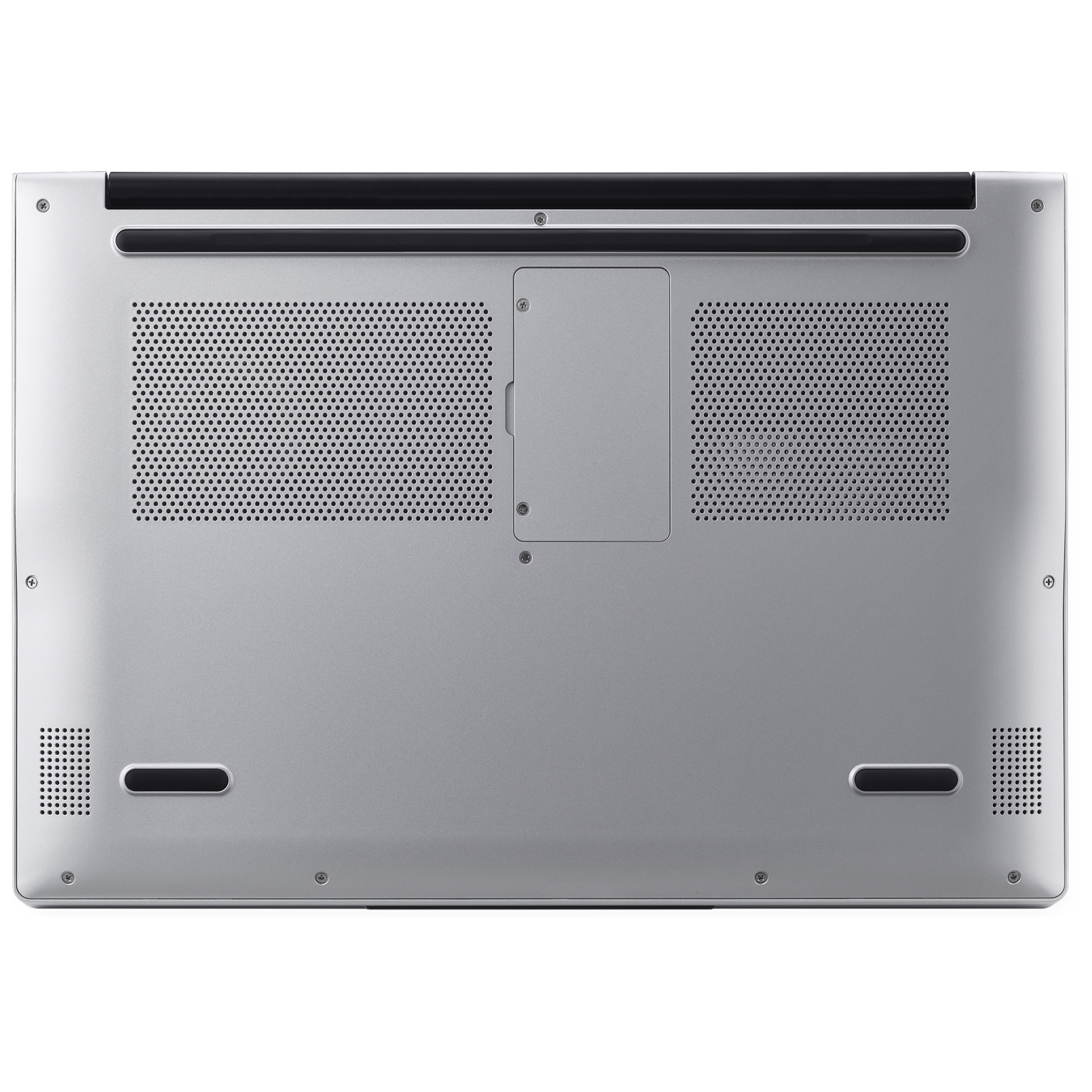 Bottom of a silver laptop. Features vents, a rectangular panel, and two elongated, black speaker slots.