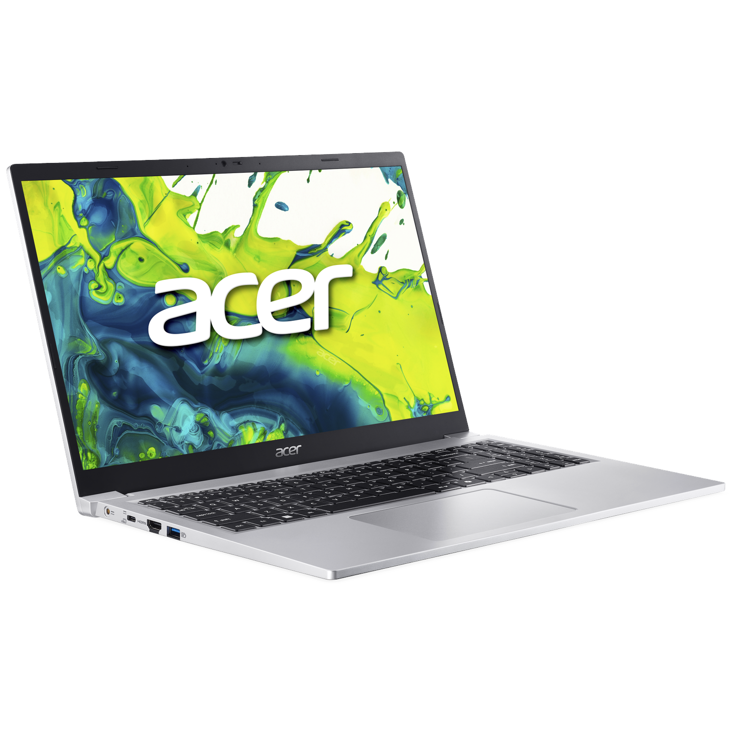 Silver Acer laptop open on a white surface. The screen shows a colorful splash design with the Acer logo.