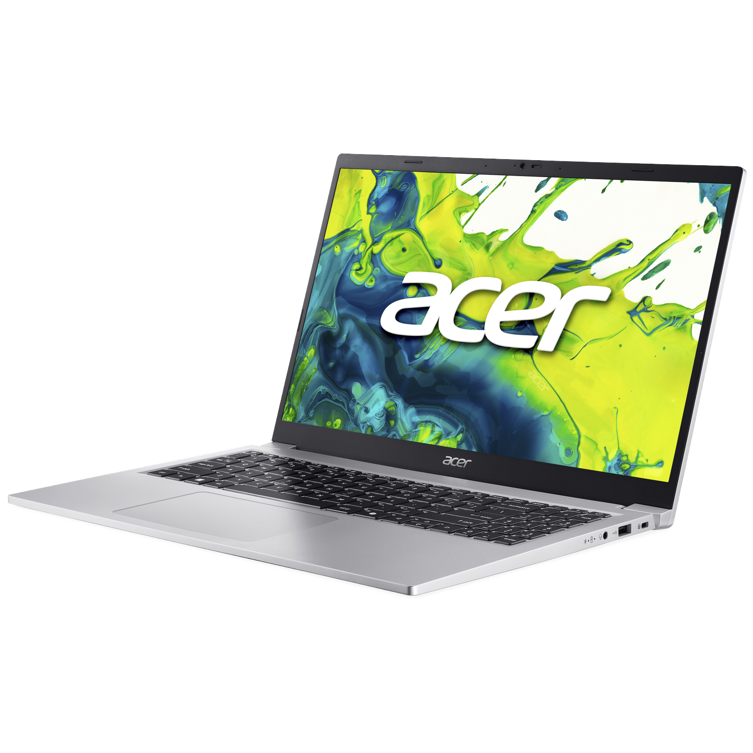 Silver Acer laptop open, screen displays green and blue abstract design with white 'acer' logo. Keyboard and trackpad visible.