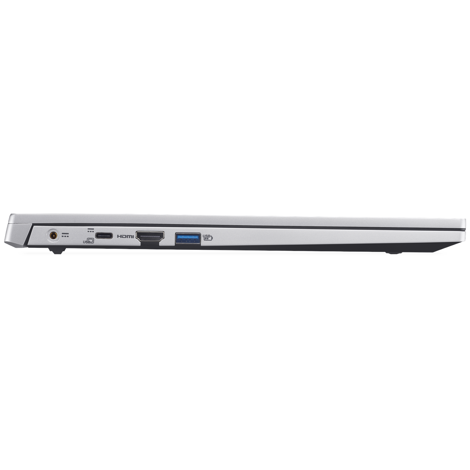 Side view of a silver laptop. Ports include audio, USB, HDMI, and USB 3.0. The laptop is closed and set against a white background.