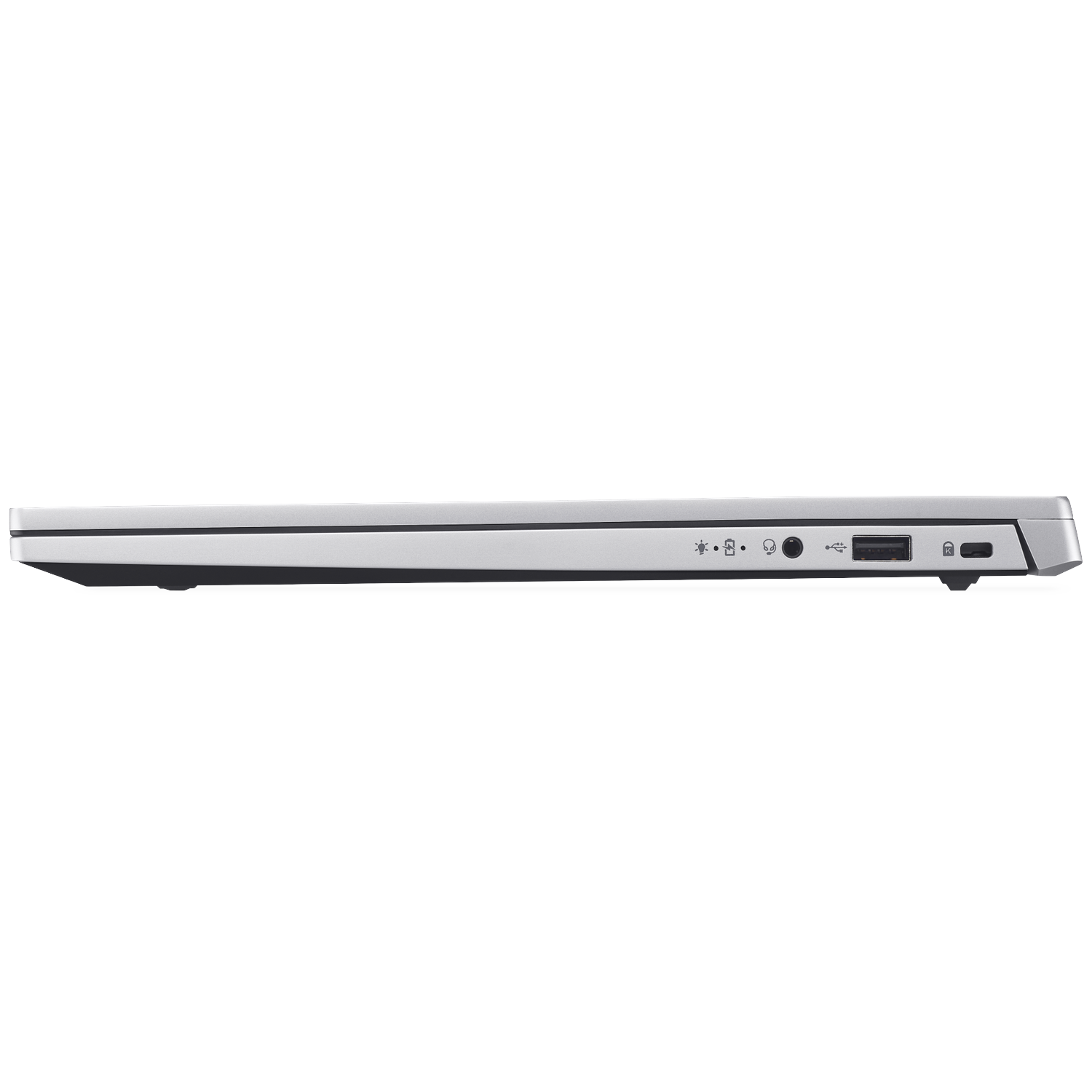 Side view of a silver laptop. Visible ports include USB, headphone jack, and a lock slot. The laptop is on a white background.