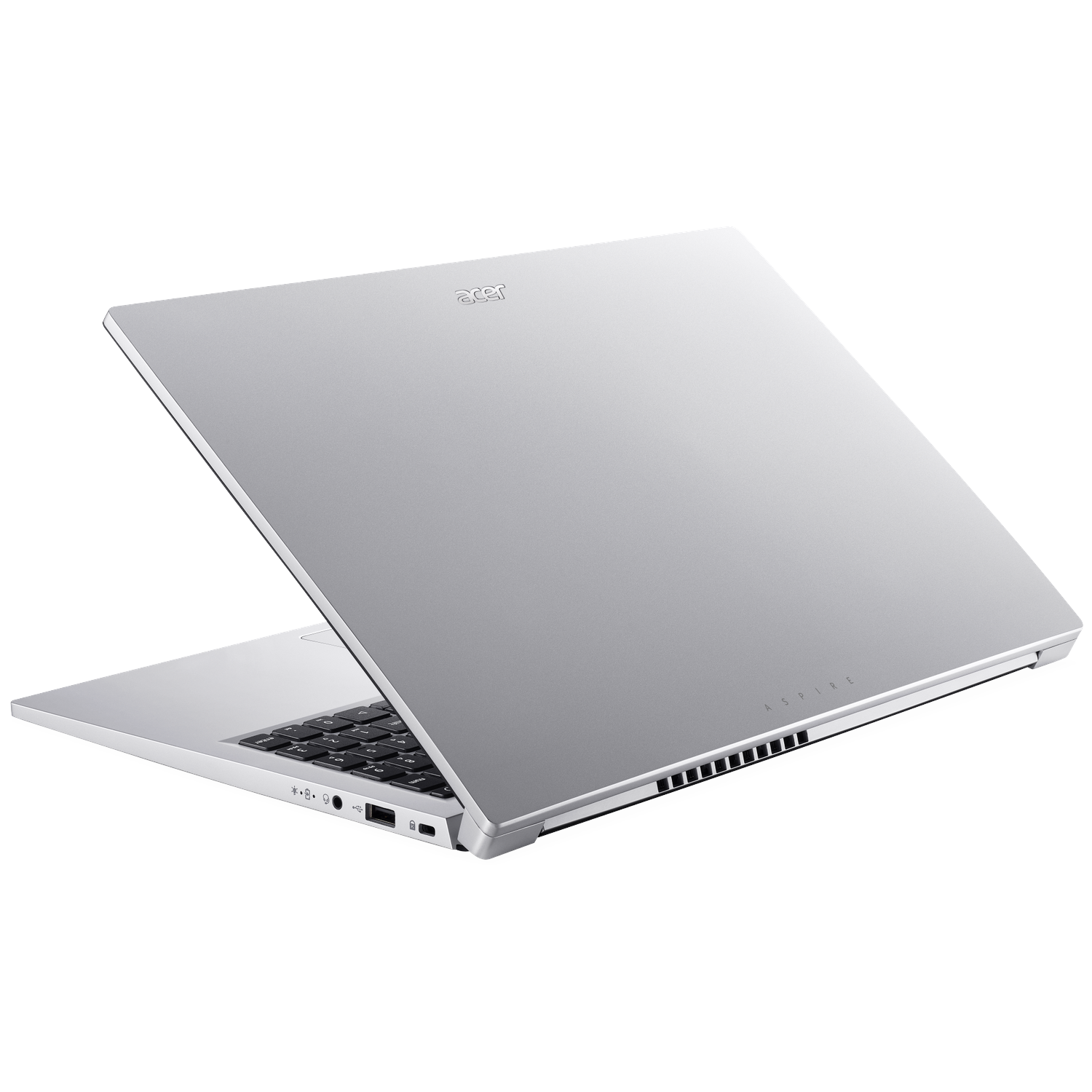 Silver Acer Aspire laptop, open, angled view. Keyboard visible. Acer logo on top. 'Aspire' text on the side.