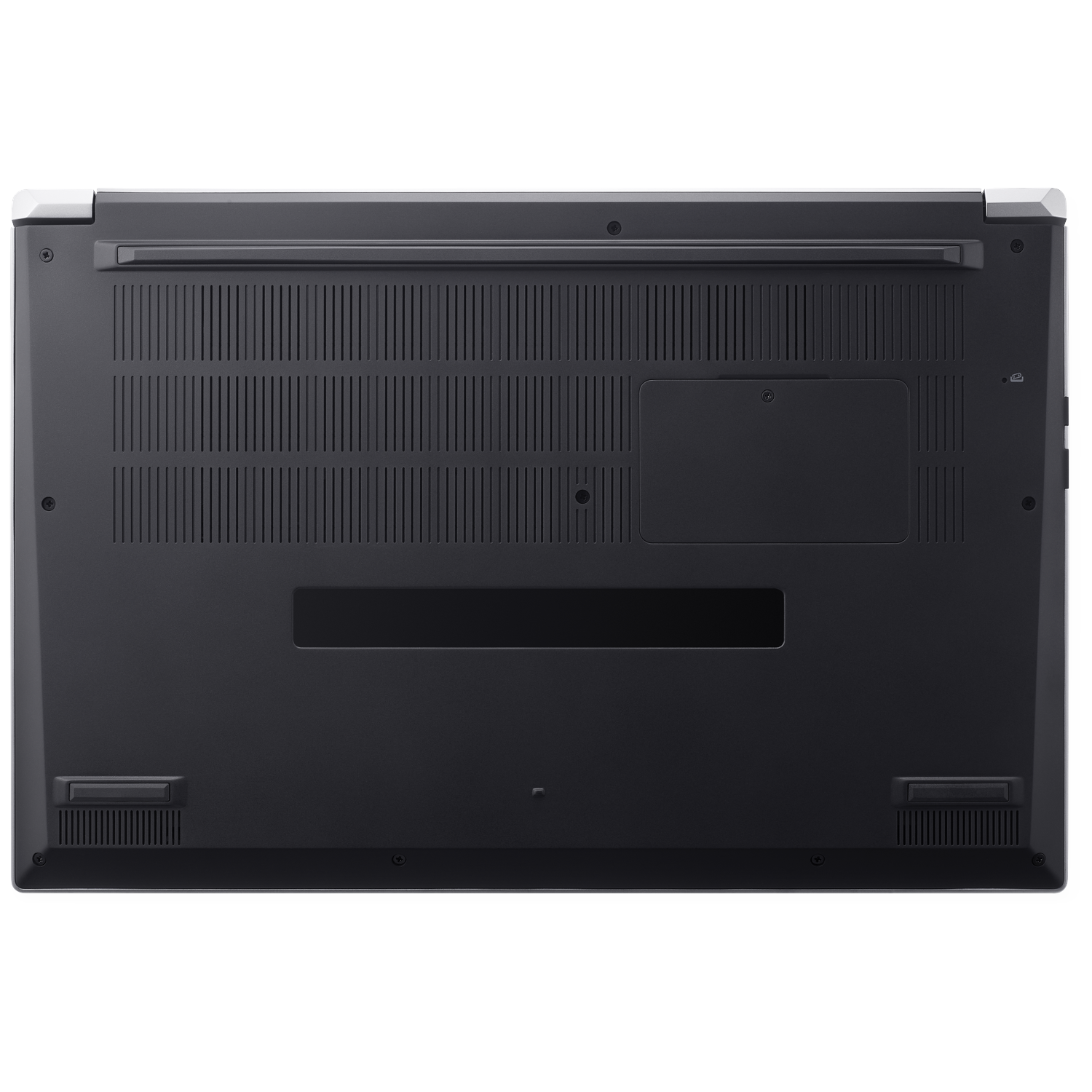 Bottom view of a black laptop. It has ventilation slots, a rectangular panel, and several small screws. The corners are rounded.