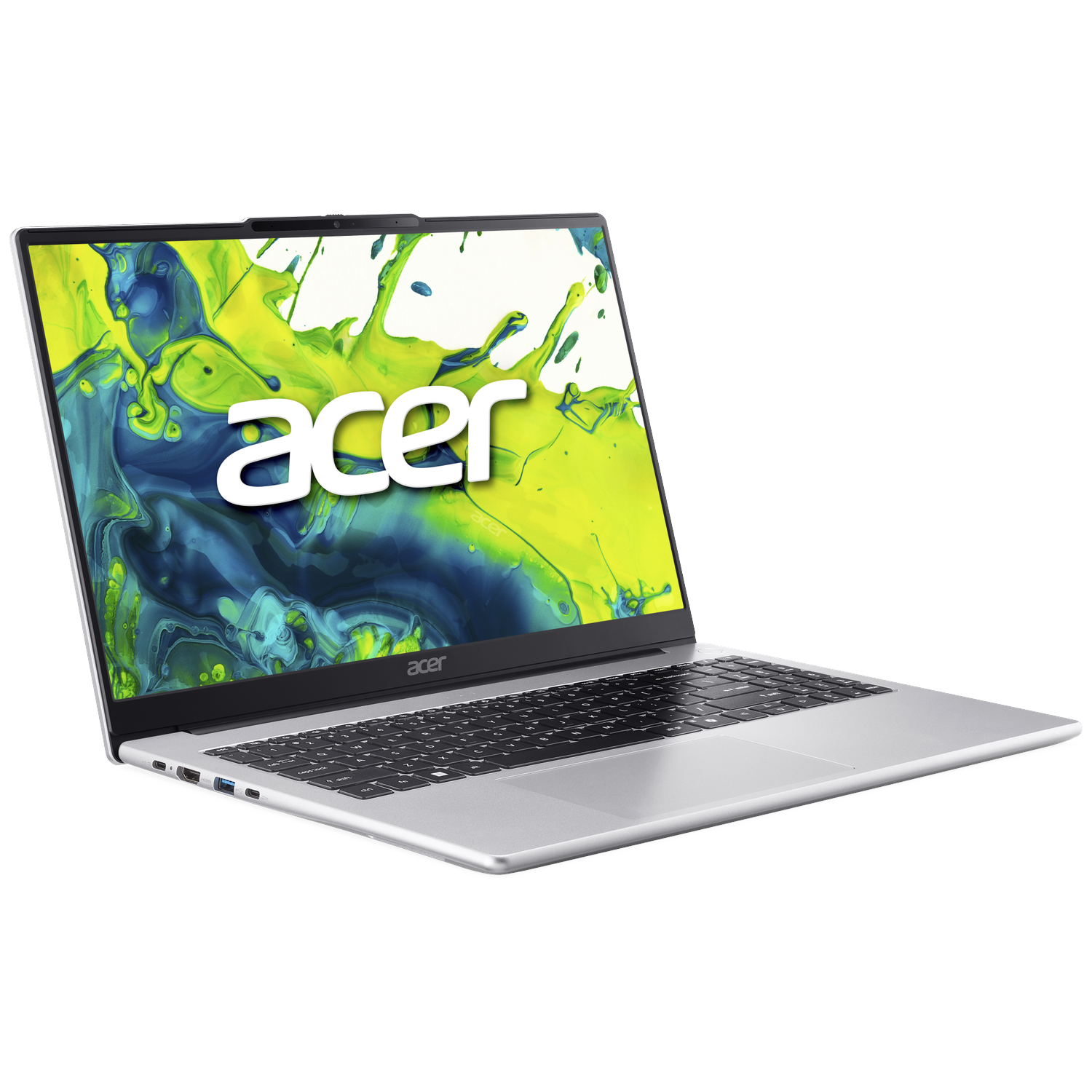 Zilveren Acer-laptop open, scherm toont groene en gele verfspatten met het Acer-logo. Toetsenbord zichtbaar. Witte achtergrond.