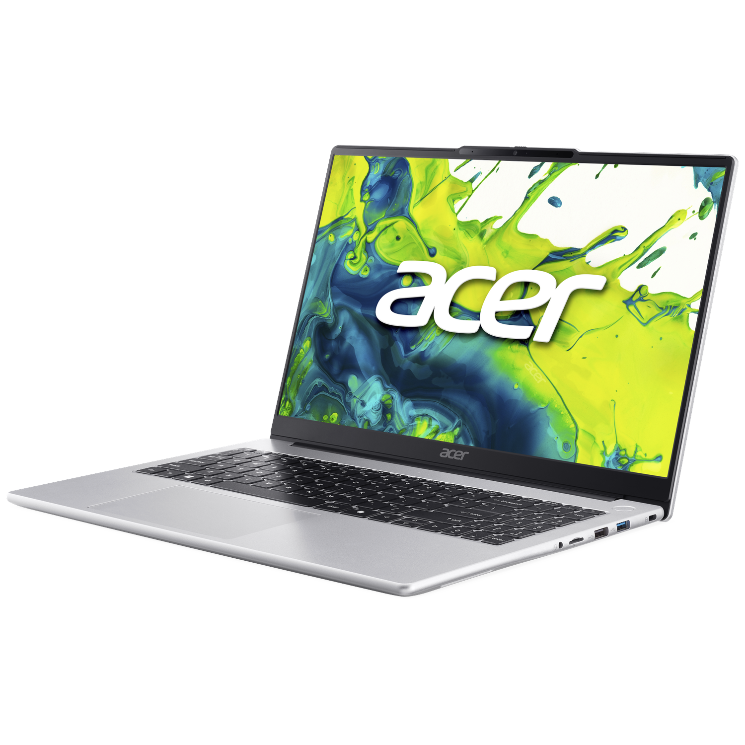 Zilveren Acer laptop open, scherm toont groene en blauwe abstracte kunst met het woord 'acer'. Toetsenbord en touchpad zichtbaar.