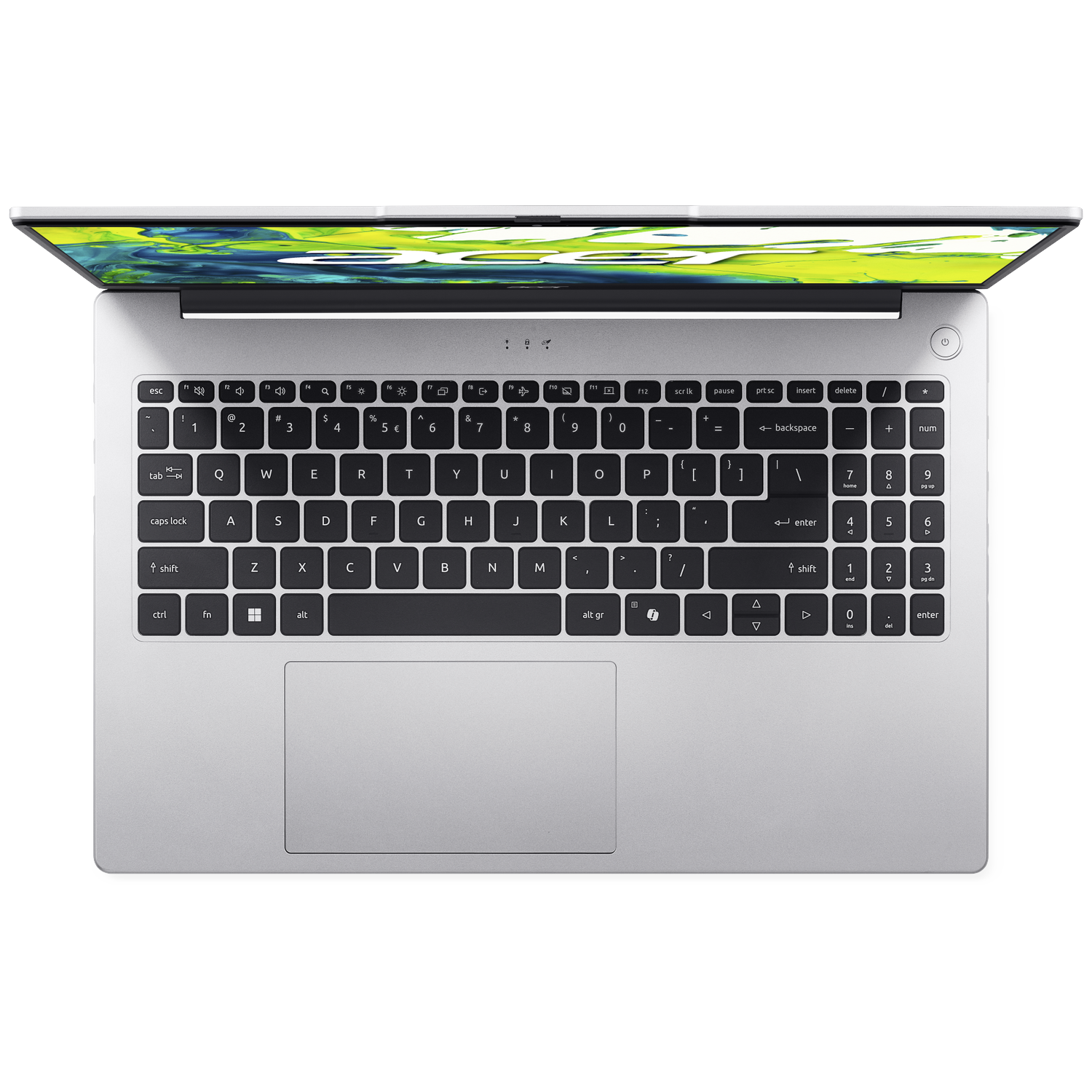 Zilveren laptop, bovenaanzicht. Toetsenbord zichtbaar met letters en cijfers. Scherm toont een groen en wit patroon.