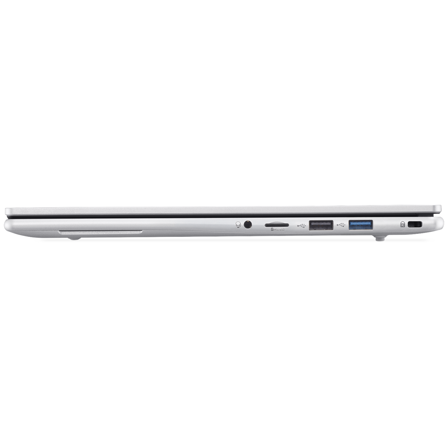 Zijaanzicht van een zilveren laptop. Poorten: koptelefoon, microSD, USB en een slot, tegen een witte achtergrond.