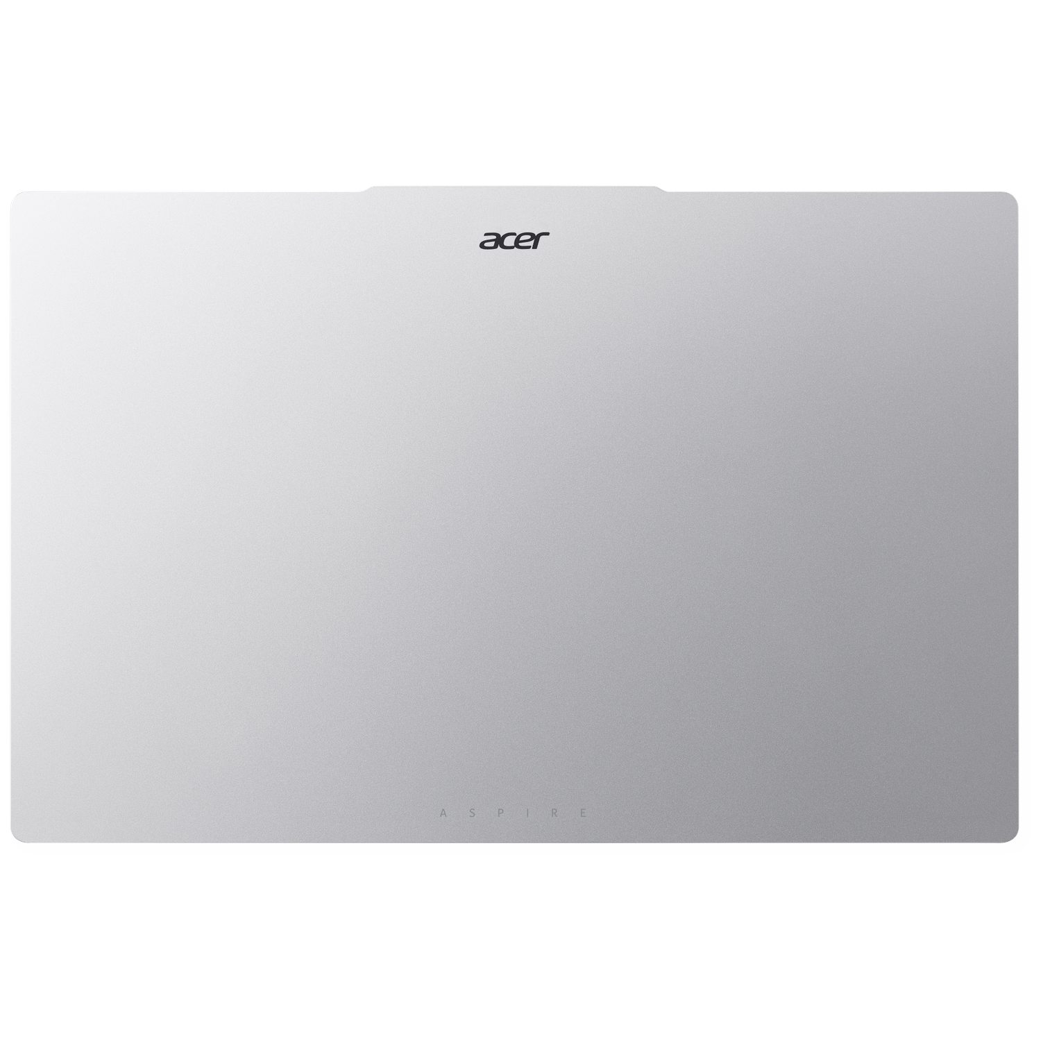 Zilveren laptop, merk Acer. Het woord 'acer' staat bovenaan, 'aspire' onderaan. De laptop staat op een witte achtergrond.