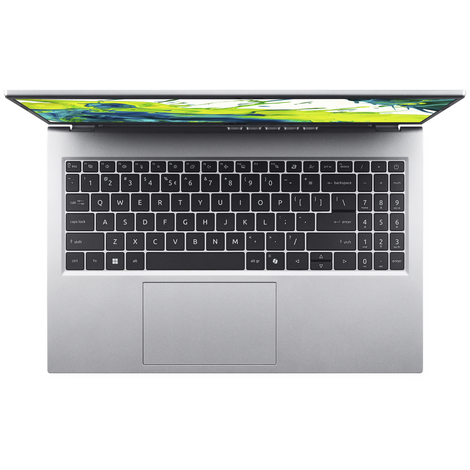 Zilveren laptop, open. Toetsenbord zichtbaar, met zwarte toetsen en witte letters, touchpad eronder. Scherm toont een groen patroon.