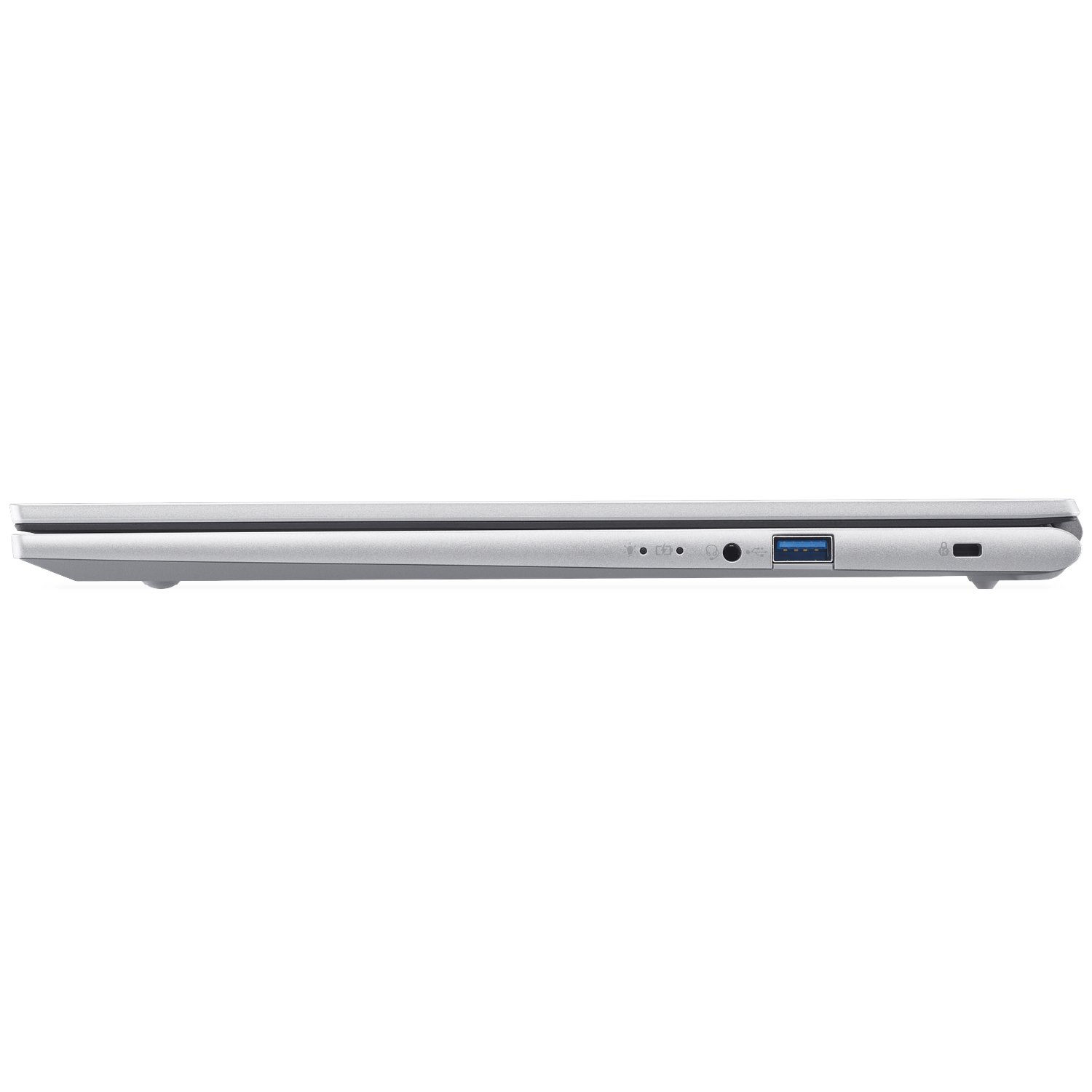 Zijaanzicht van een zilveren laptop. Zichtbare poorten zijn USB, audio jack en voedingsconnector. De laptop staat op een witte ondergrond.