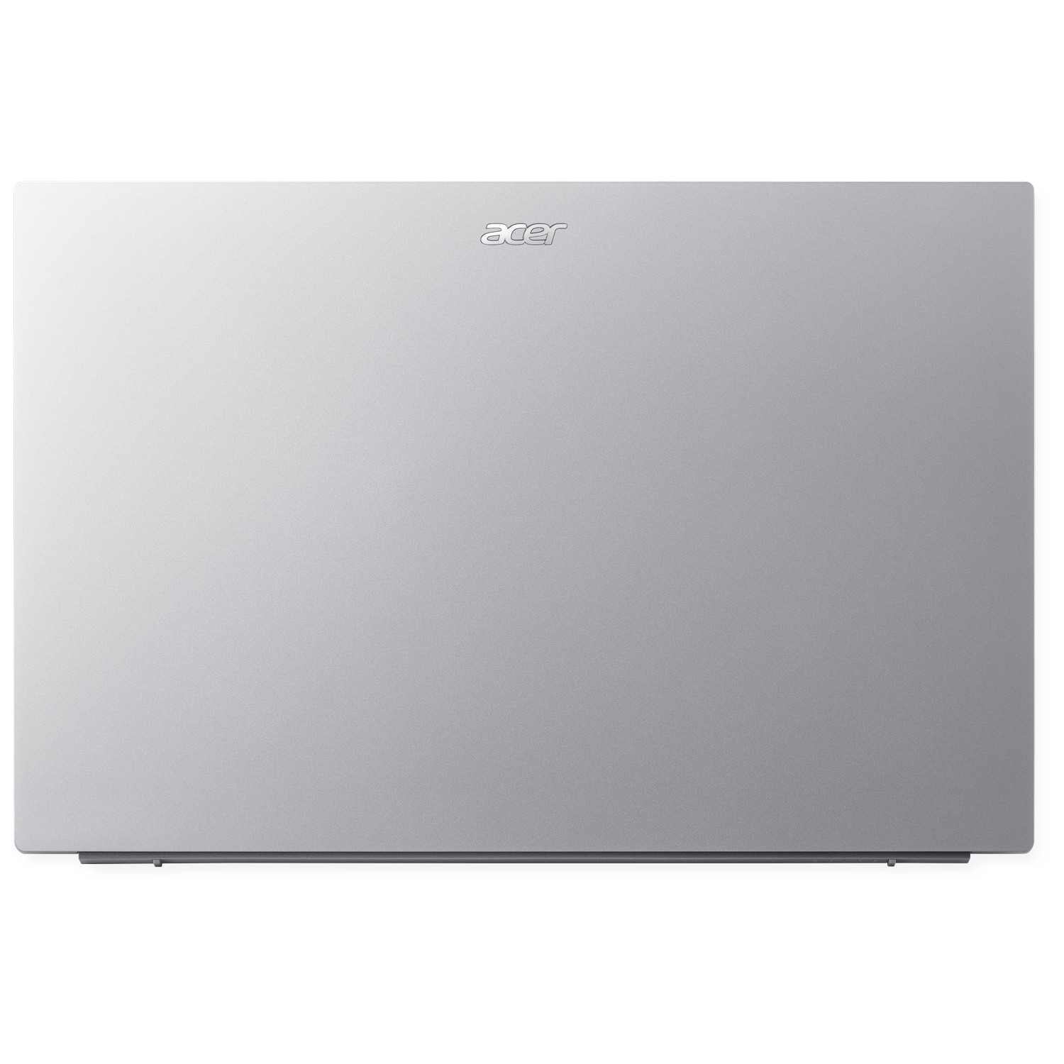 Een zilveren Acer laptopdeksel wordt getoond tegen een witte achtergrond. Het Acer-logo staat bovenaan in het midden. De laptop is gesloten.